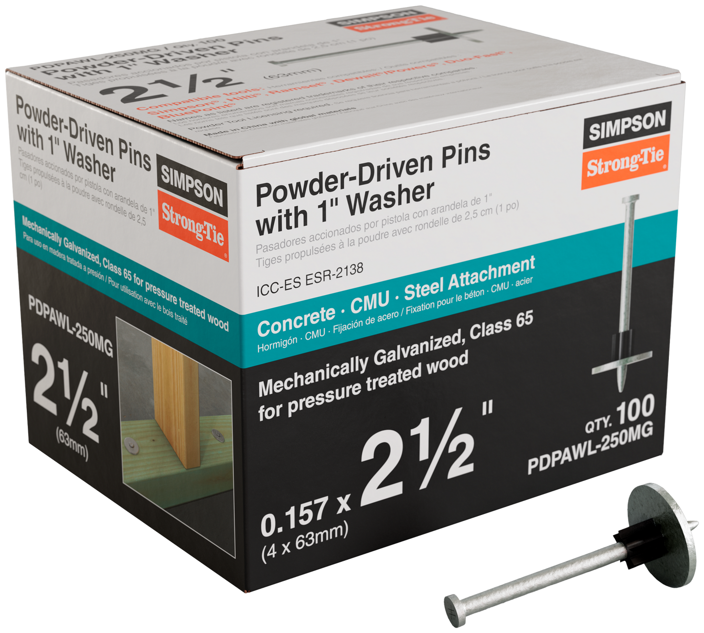 Simpson Strong-Tie PDPAWL-250MG PDPAWL .157 in. x 2-1/2 in. Mechanically Galvanized Powder-Actuated Pin w/ 1 in. Washer (100-Qty) (Pack of 10)