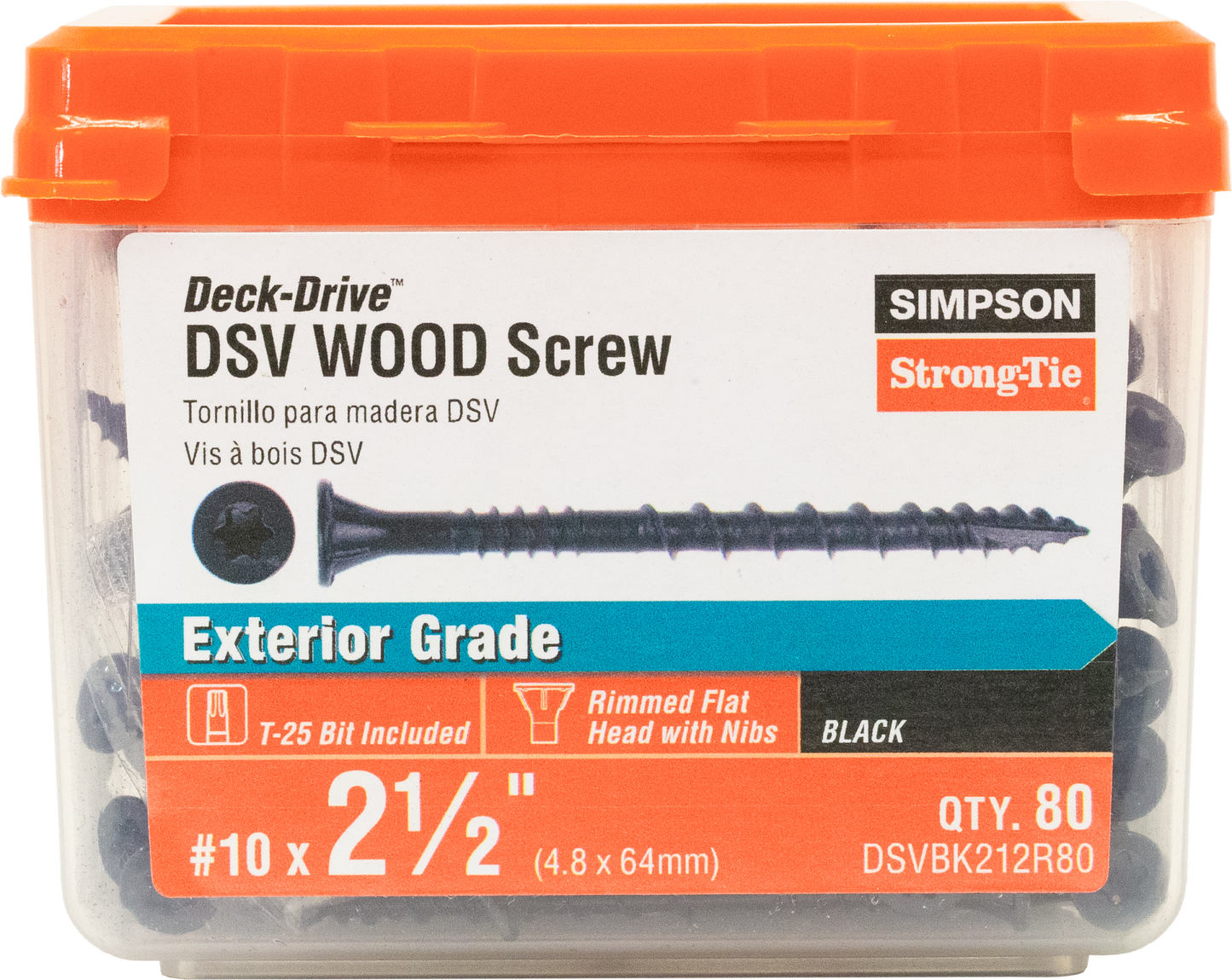 Simpson Strong-Tie DSVBK212R80 Deck-Drive™ DSV WOOD Screw — #10 x 2-1/2 in. T25, Flat Head, Quik Guard®, Black (80-Qty) (Pack of 1620)