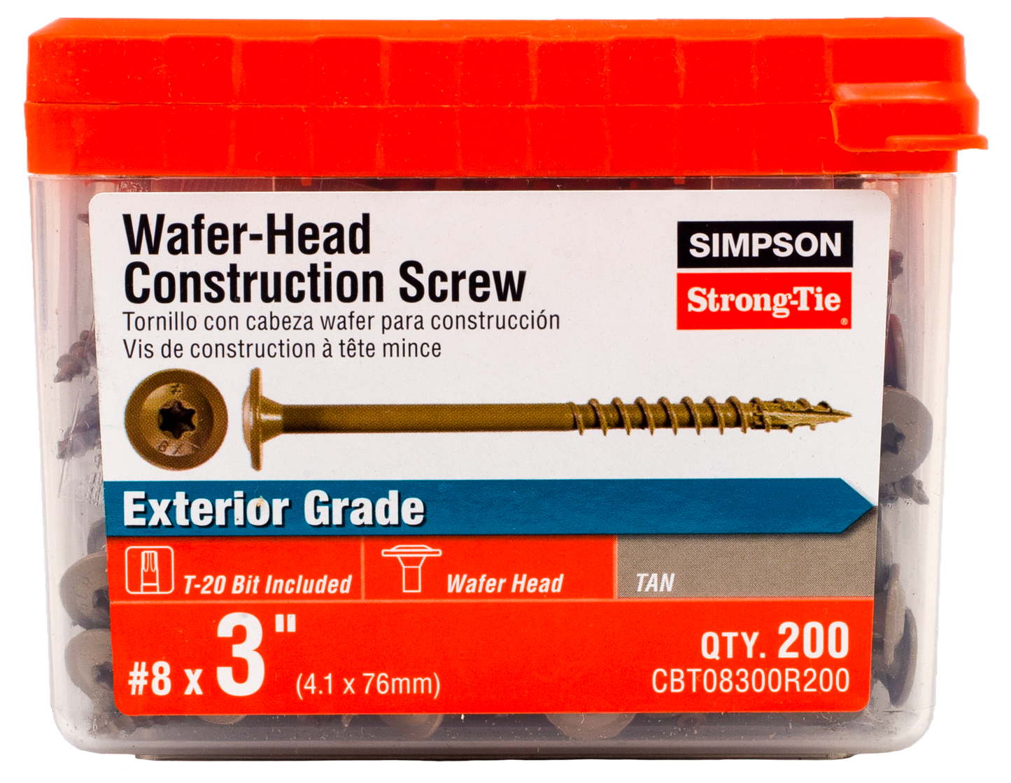 Simpson Strong-Tie CBT08300R200 Wafer-Head Construction Screw — #8 x 3 in. T20, Quik Guard®, Tan (200-Qty) (Pack of 6)