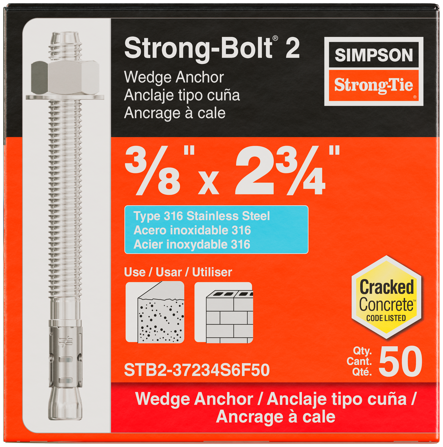 Simpson Strong-Tie STB2-37234S6F50 Strong-Bolt® 2 — 3/8 in. x 2-3/4 in. Type 316 Stainless-Steel Wedge Anchor, Fully Assembled (50-Qty) (Pack of 4)