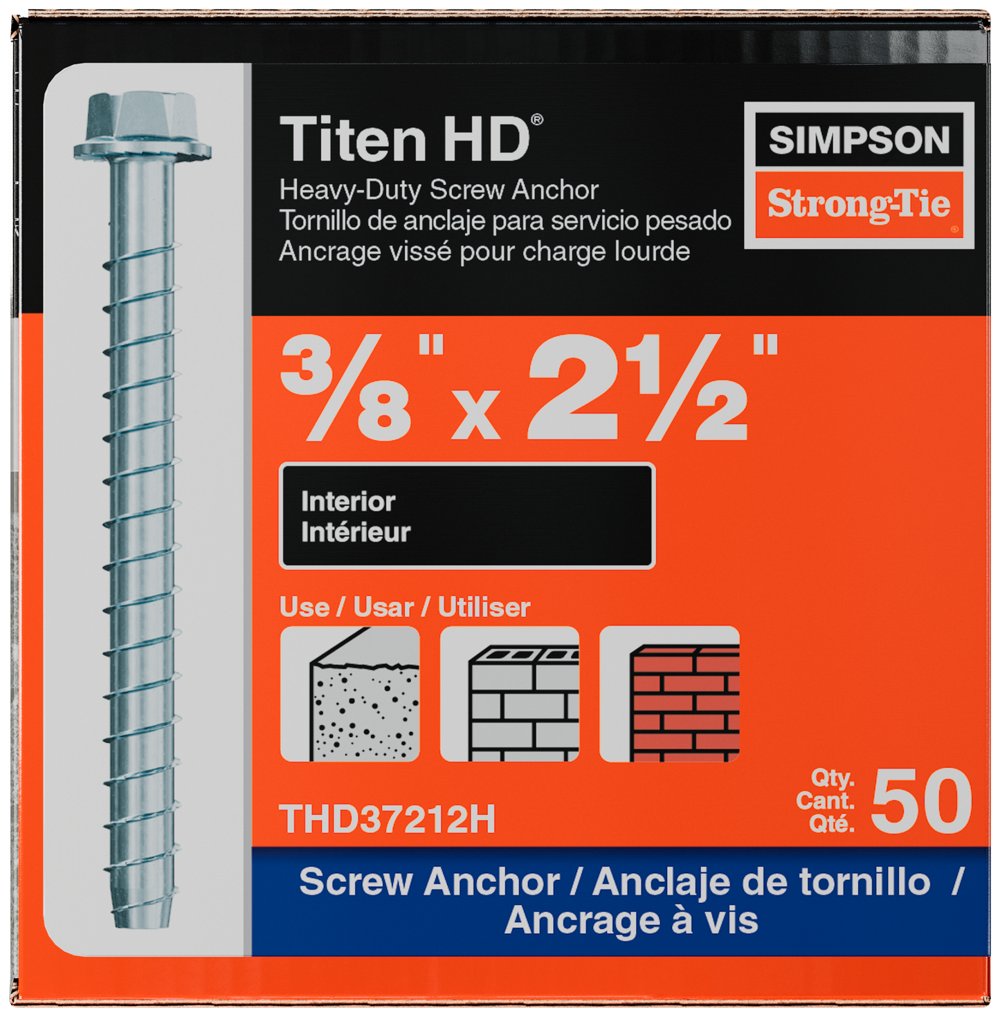 Simpson Strong-Tie THD37212H Titen HD® 3/8 in. x 2-1/2 in. Heavy-Duty Screw Anchor (50-Qty) (Pack of 300)
