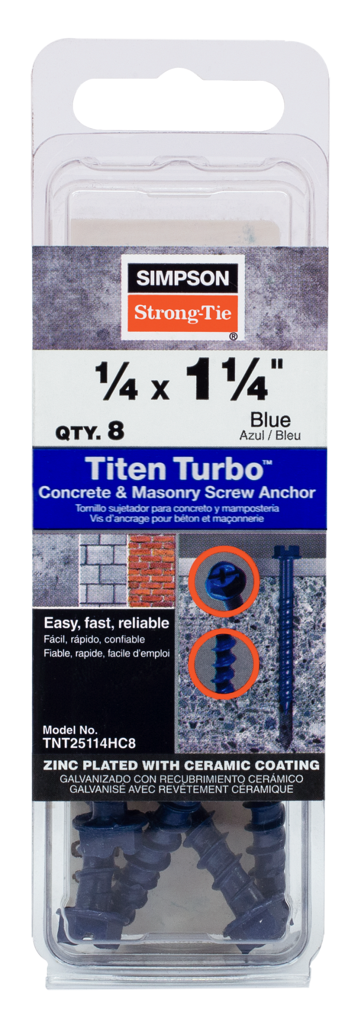 Simpson Strong-Tie TNT25114HC8 Titen Turbo™ — 1/4 in. x 1-1/4 in. Hex-Head Concrete and Masonry Screw, Blue (8-Qty)