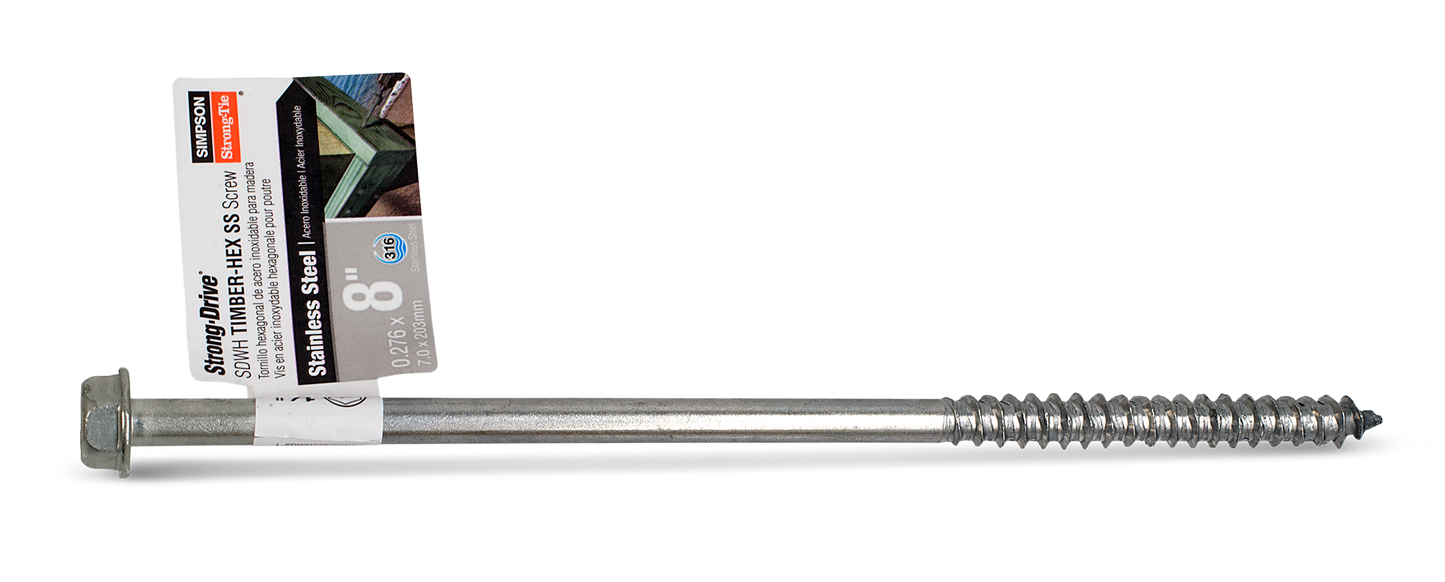 Simpson Strong-Tie SDWH27800SS-RP1 Strong-Drive® SDWH™ TIMBER-HEX SS Screw — 0.275 in. x 8 in. 1/2 Hex, Type 316 (Pack of 2475)