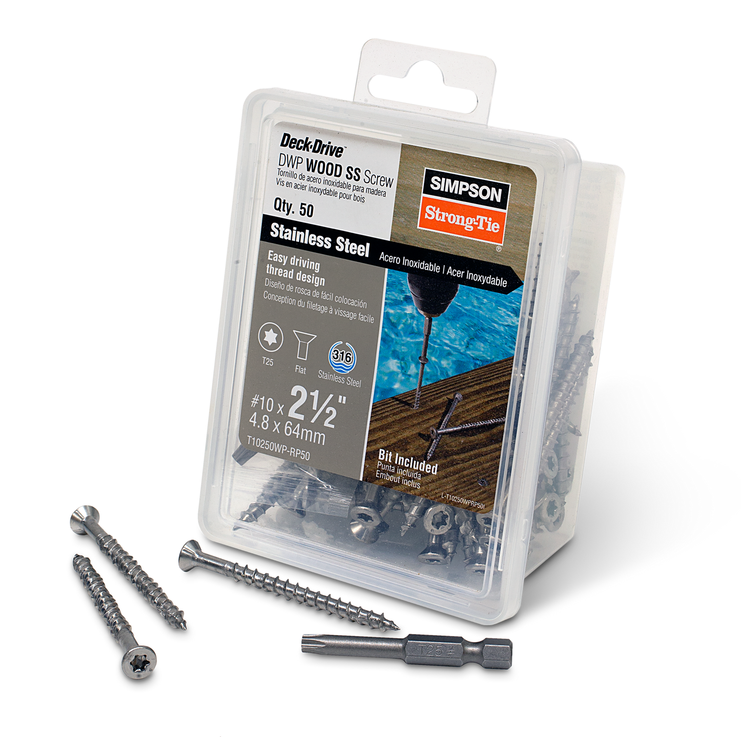 Simpson Strong-Tie T10250WP-RP50 Deck-Drive™ DWP WOOD SS Screw — #10 x 2-1/2 in. T25, Flat Head, Type 316 (50-Qty)