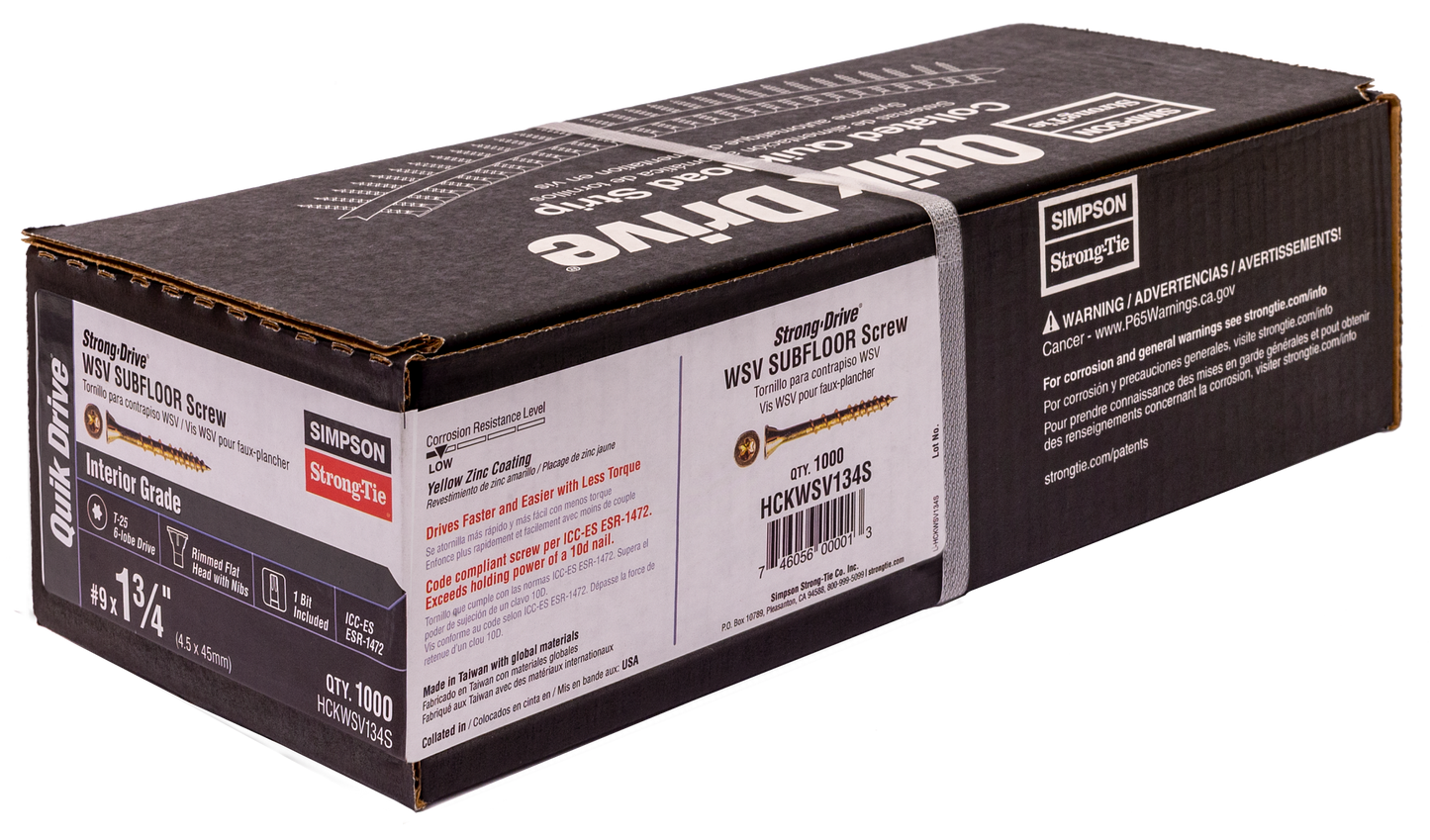 Simpson Strong-Tie HCKWSV134S Strong-Drive® WSV SUBFLOOR Screw (Collated) — #9 x 1-3/4 in. T25, Yellow Zinc (1000-Qty) (Pack of 176)