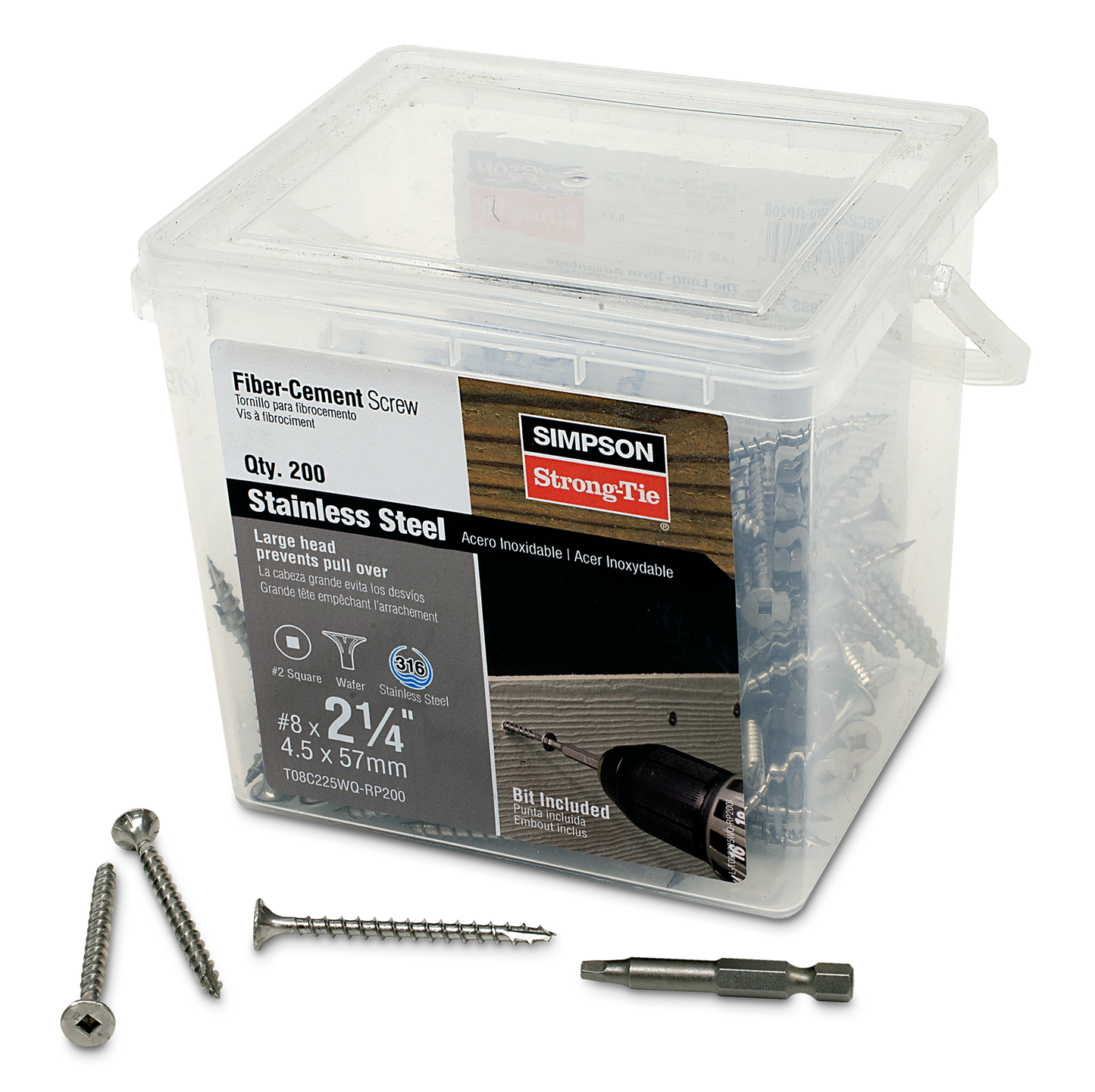 Simpson Strong-Tie T08C225WQ-RP200 Fiber-Cement Screw — #8 x 2-1/4 in. #2 Square Wafer-Head, Type 316 (200-Qty)