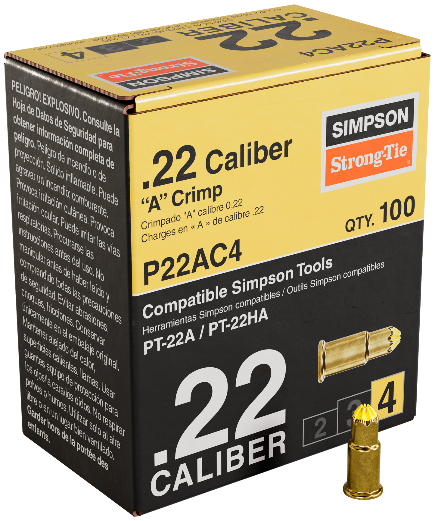 Simpson Strong-Tie P22AC4 P22AC 0.22-Caliber “A” Single-Shot Crimp Loads, LVL 4, Yellow (100-Qty)