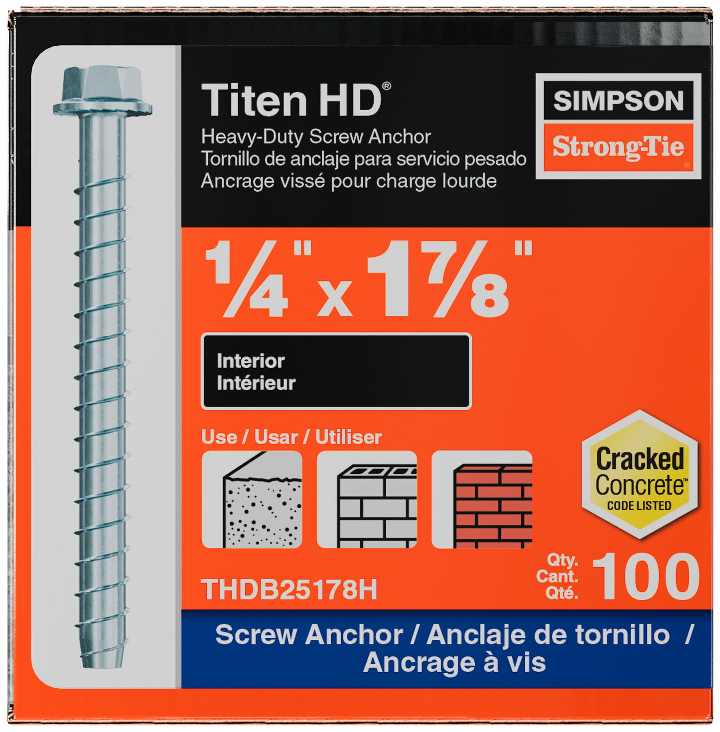 Simpson Strong-Tie THDB25178H Titen HD® 1/4 in. x 1-7/8 in. Heavy-Duty Screw Anchor (100-Qty) (Pack of 490)