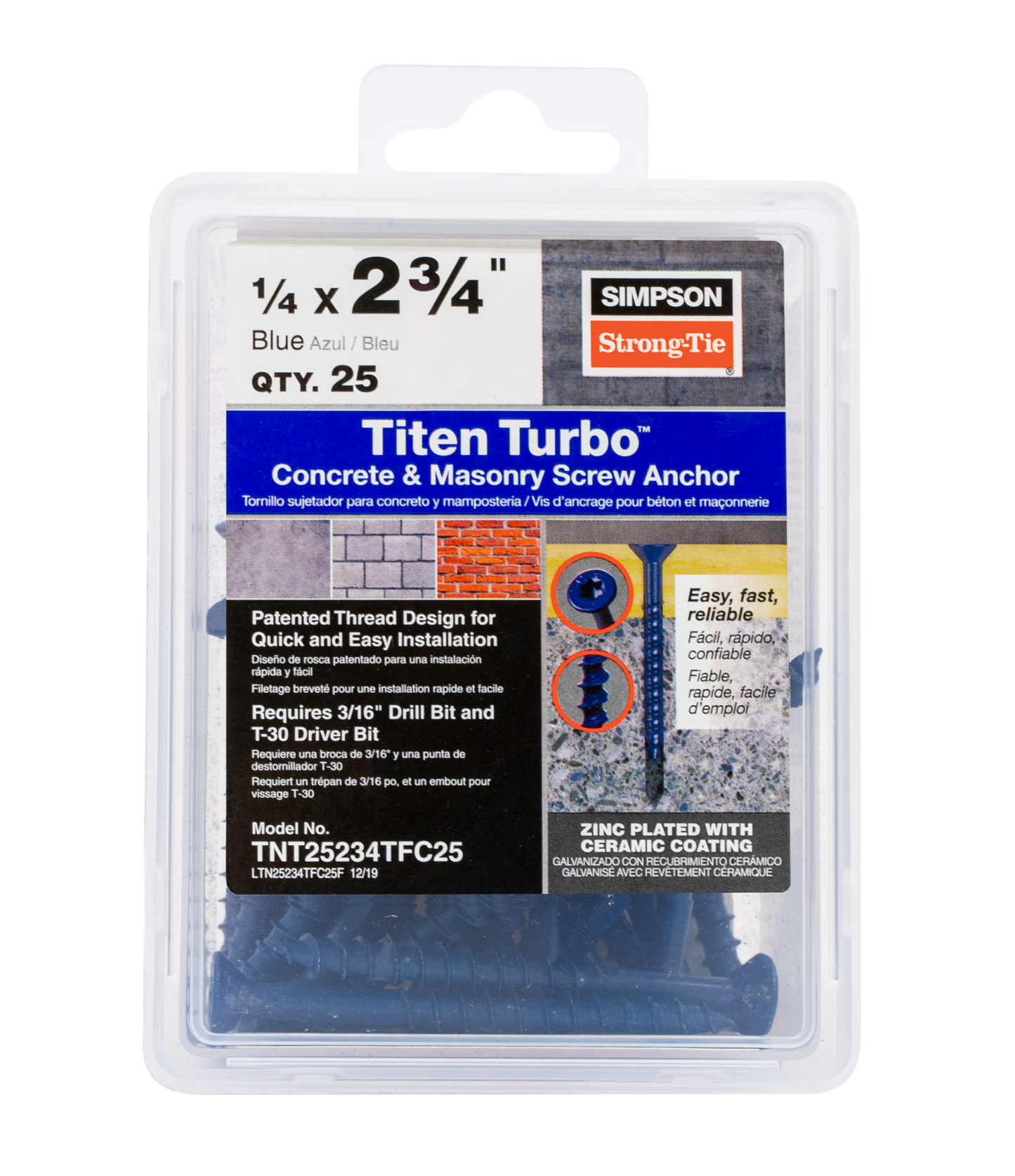 Simpson Strong-Tie TNT25234TFC25 Titen Turbo™ — 1/4 in. x 2-3/4 in. 6-Lobe Flat-Head Concrete and Masonry Screw, Blue (25-Qty) (Pack of 4)