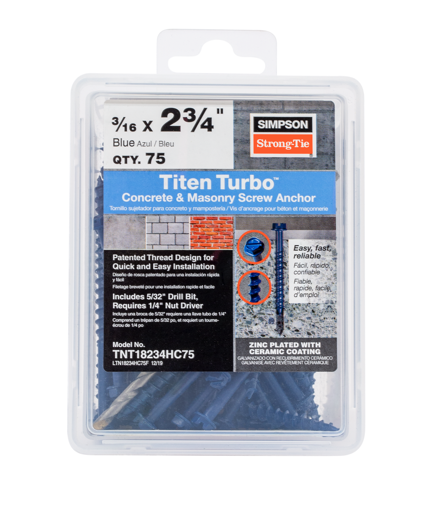 Simpson Strong-Tie TNT18234HC75 Titen Turbo™ — 3/16 in. x 2-3/4 in. Hex-Head Concrete and Masonry Screw, Blue (75-Qty)