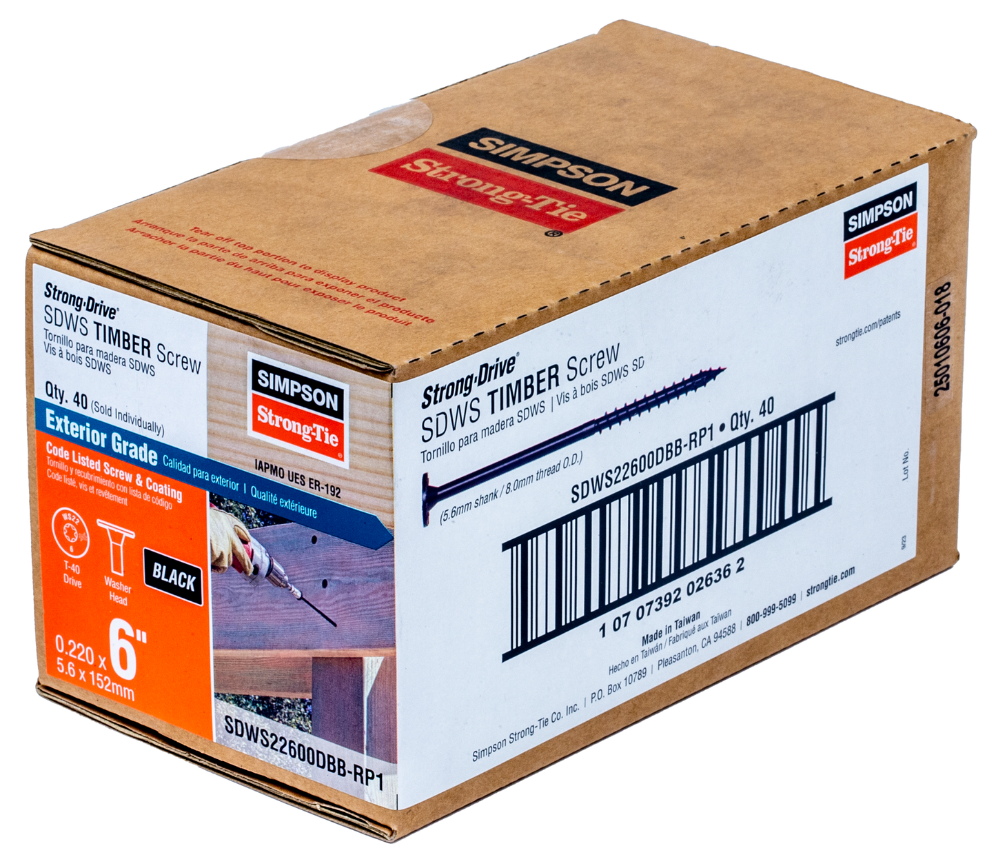 Simpson Strong-Tie SDWS22600DBB-RP1 Strong-Drive® SDWS™ TIMBER Screw (Exterior Grade) — 0.220 in. x 6 in. T40, Black