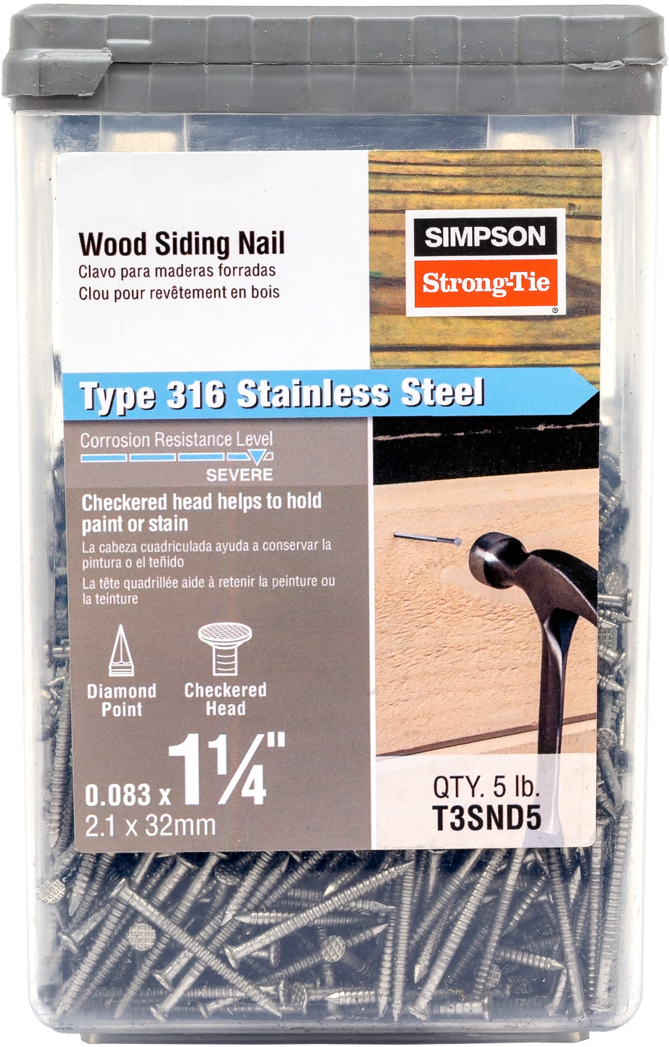 Simpson Strong-Tie T3SND5 Wood Siding Nail — 1-1/4-in. x .083-in. Type 316 Stainless Steel (5 lb.) (Pack of 6)