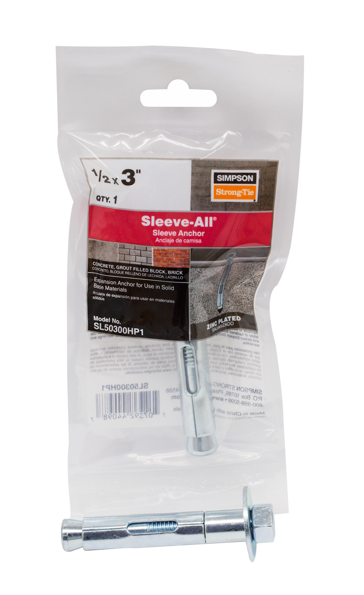 Simpson Strong-Tie SL50300HP1 Sleeve-All® 1/2 in. x 3 in. Hex-Head Sleeve Anchor (Pack of 5580)