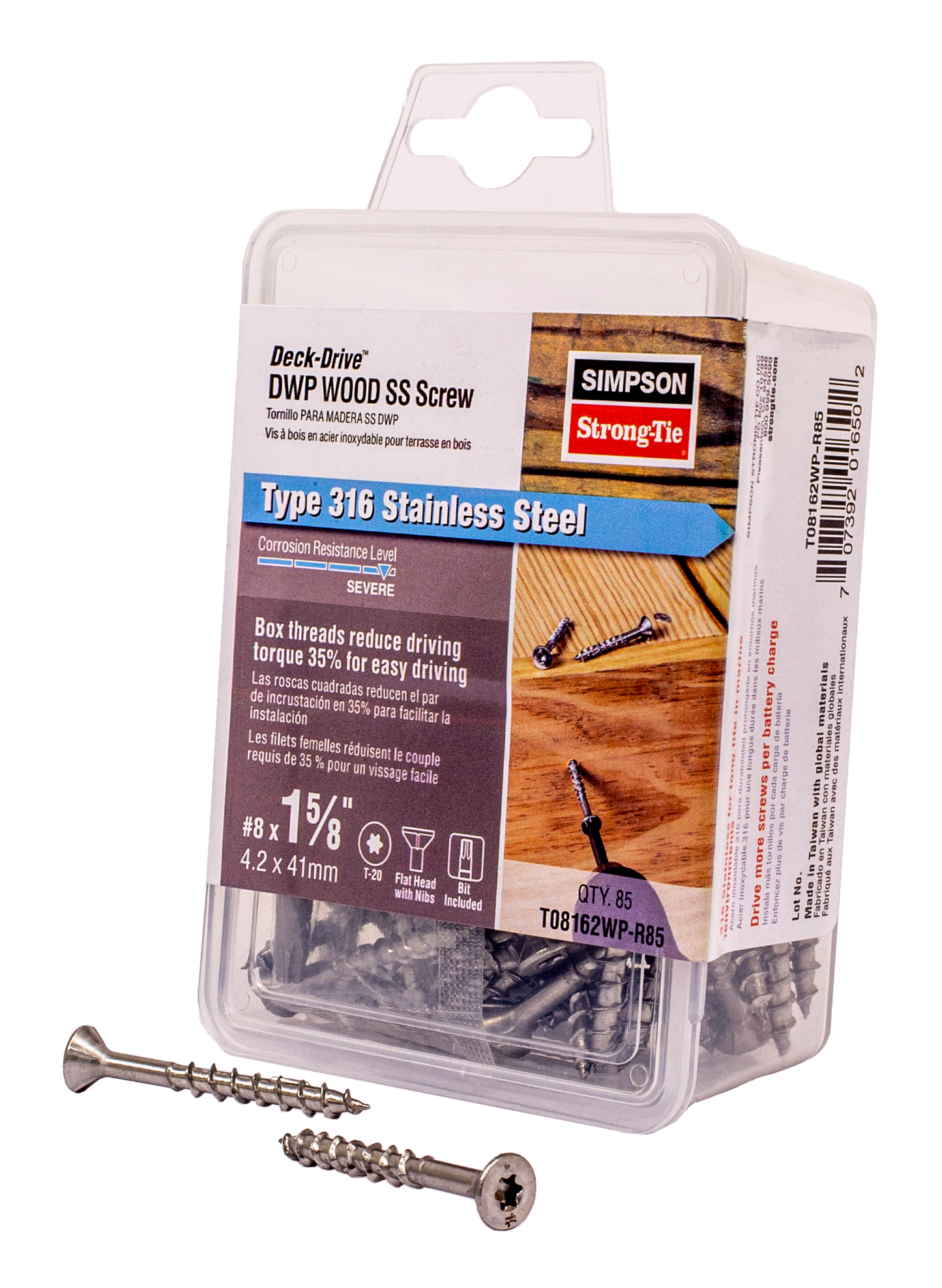 Simpson Strong-Tie T08162WP-R85 Deck-Drive™ DWP WOOD SS Screw — #8 x 1-5/8 in. T20, Flat Head, Type 316 (85-Qty) (Pack of 5)