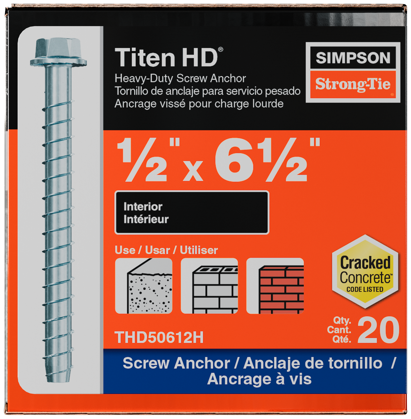 Simpson Strong-Tie THD50612H Titen HD® 1/2 in. x 6-1/2 in. Heavy-Duty Screw Anchor (20-Qty) (Pack of 216)