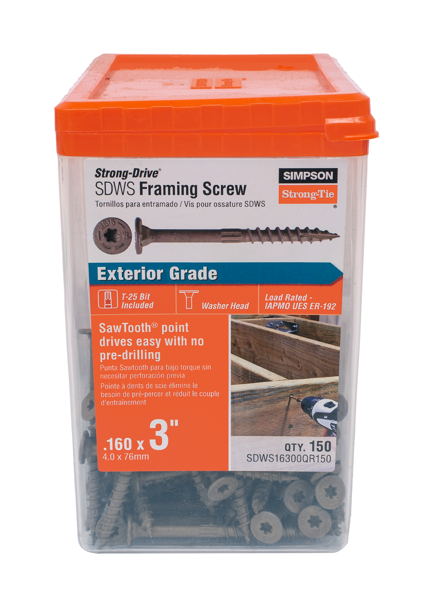 Simpson Strong-Tie SDWS16300QR150 Strong-Drive® SDWS™ FRAMING Screw — 0.160 in. x 3 in. T25, Quik Guard®, Tan (150-Qty) (Pack of 3)