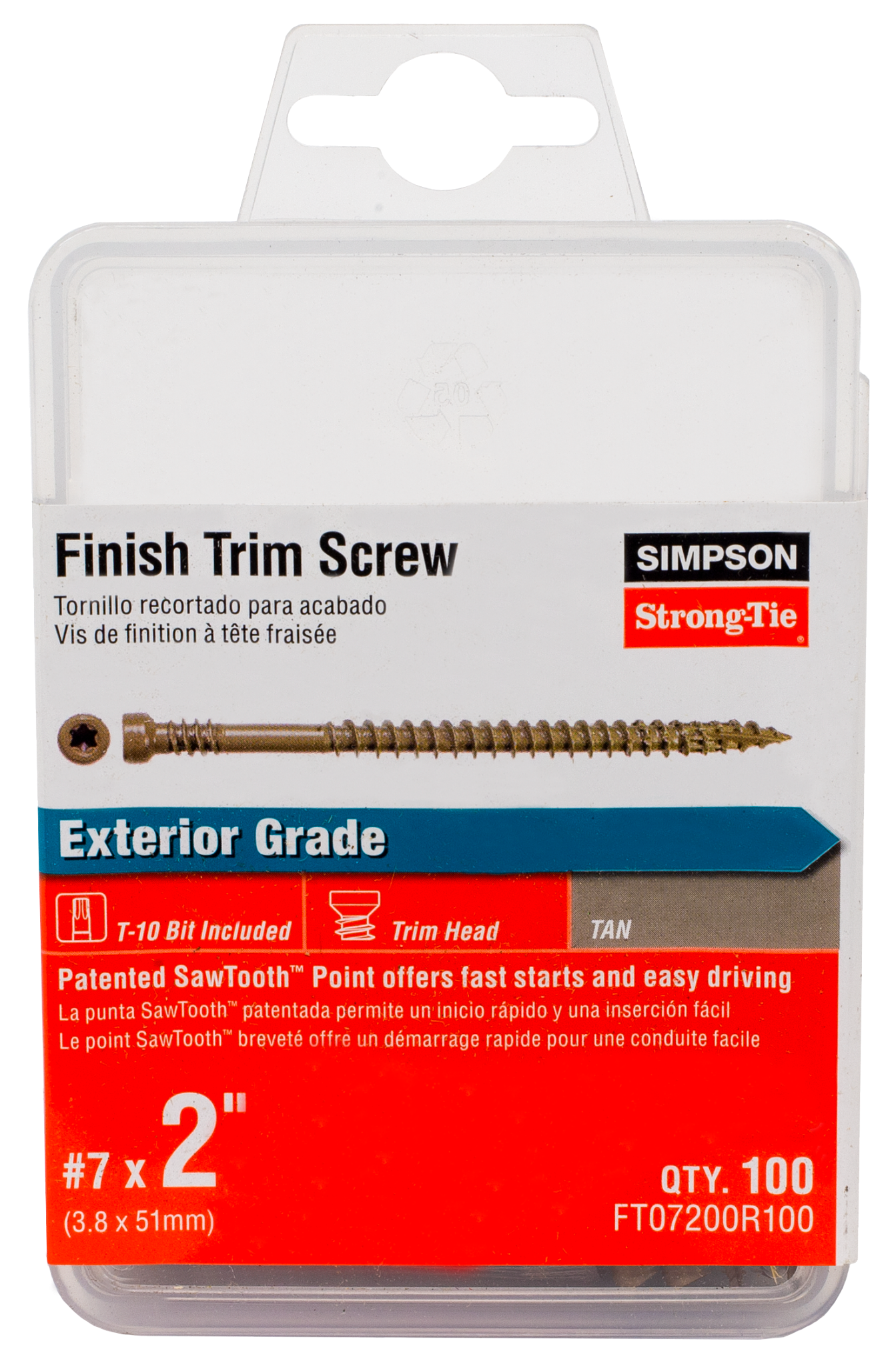 Simpson Strong-Tie FT07200R100 Finish Trim Screw — #7 x 2 in. T10, Trim-Head, Quik Guard®, Tan (100-Qty)