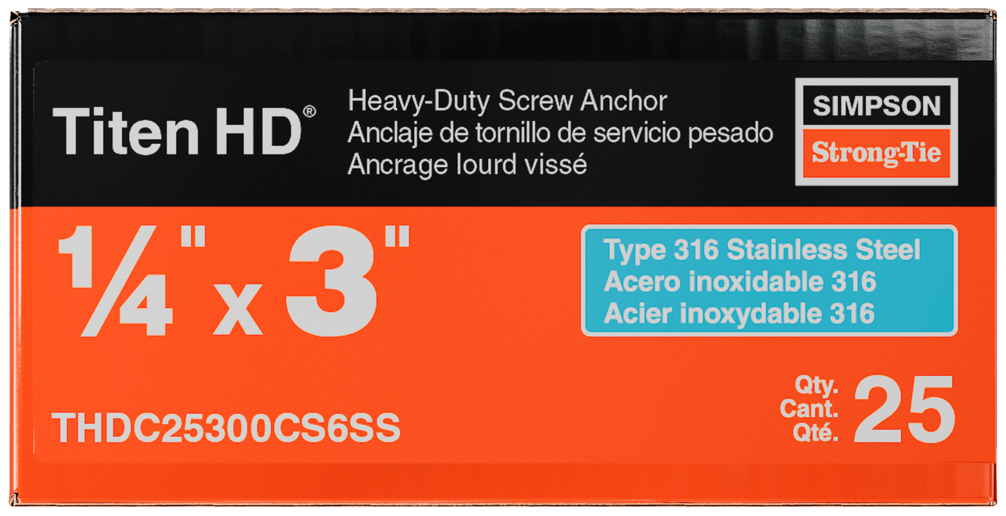 Simpson Strong-Tie THDC25300CS6SS Titen HD® 1/4 in. x 3 in. Type 316 SS Countersunk Head Heavy-Duty Screw Anchor (25-Qty) (Pack of 980)