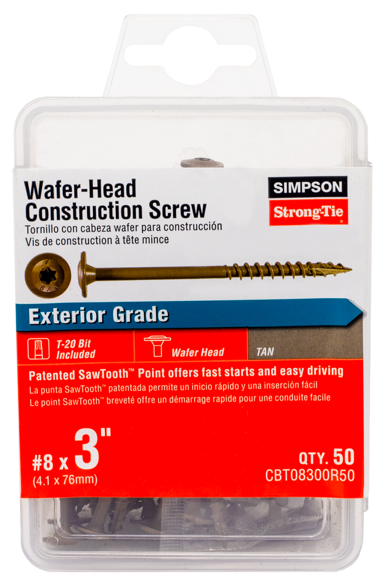 Simpson Strong-Tie CBT08300R50 Wafer-Head Construction Screw — #8 x 3 in. T20, Quik Guard®, Tan (50-Qty) (Pack of 5)