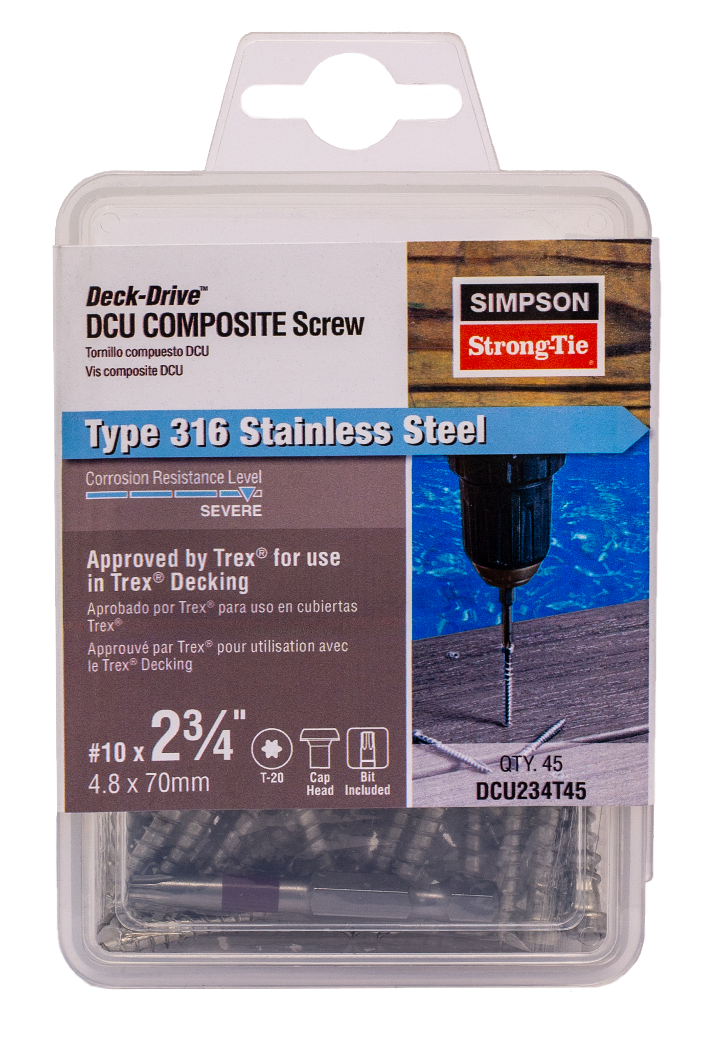 Simpson Strong-Tie DCU234T45 Deck-Drive™ DCU COMPOSITE Screw — #10 x 2-3/4 in. T20, Type 316 (45-Qty)