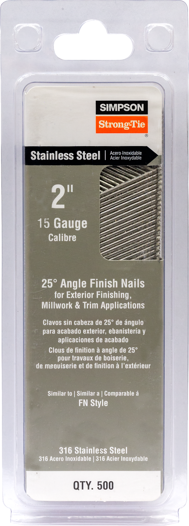 Simpson Strong-Tie T15N200FNB 25° Angle, Adhesive Collation, FN-Style, 15-Gauge Finishing Nail — 2 in. Type 316 (500-Qty) (Pack of 40)