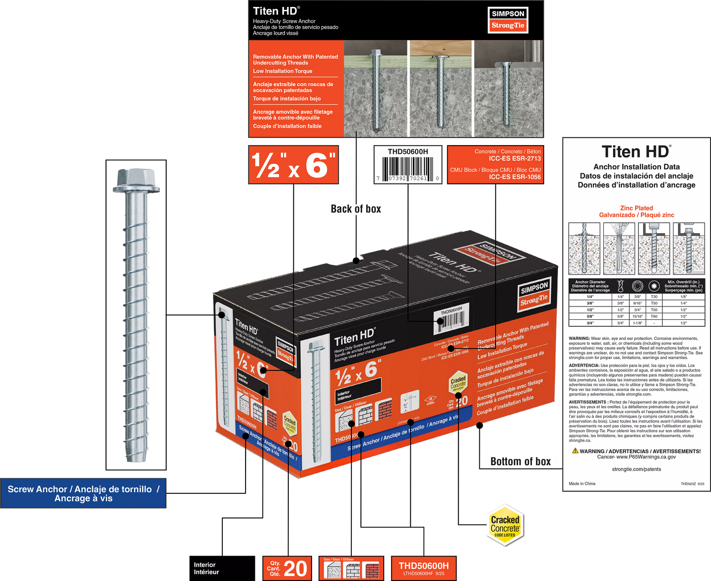 Simpson 1/2" x 6" Strong-Tie THD50600H Titen HD Screw Anchor, Zinc, Pkg 20