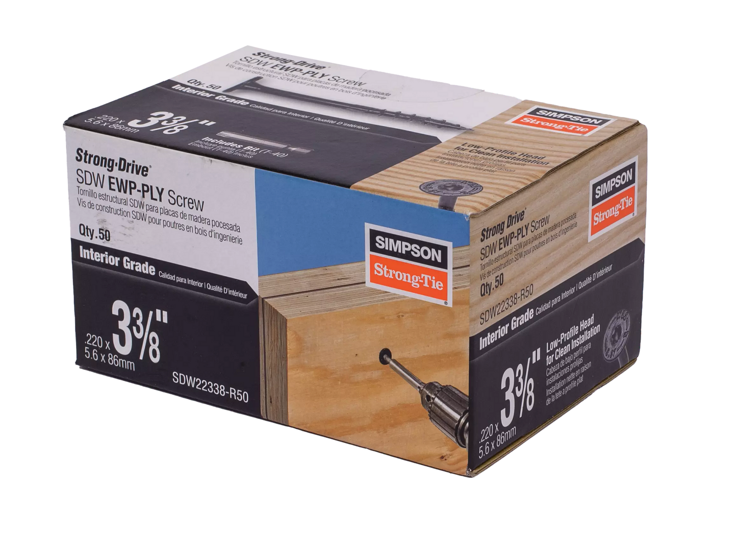 Simpson Strong-Tie SDW22338-R50 Strong-Drive® SDW™ EWP-PLY Screw — .220 in. x 3-3/8 in. T40 6-Lobe, E-coat® (50-Qty) (Pack of 576)