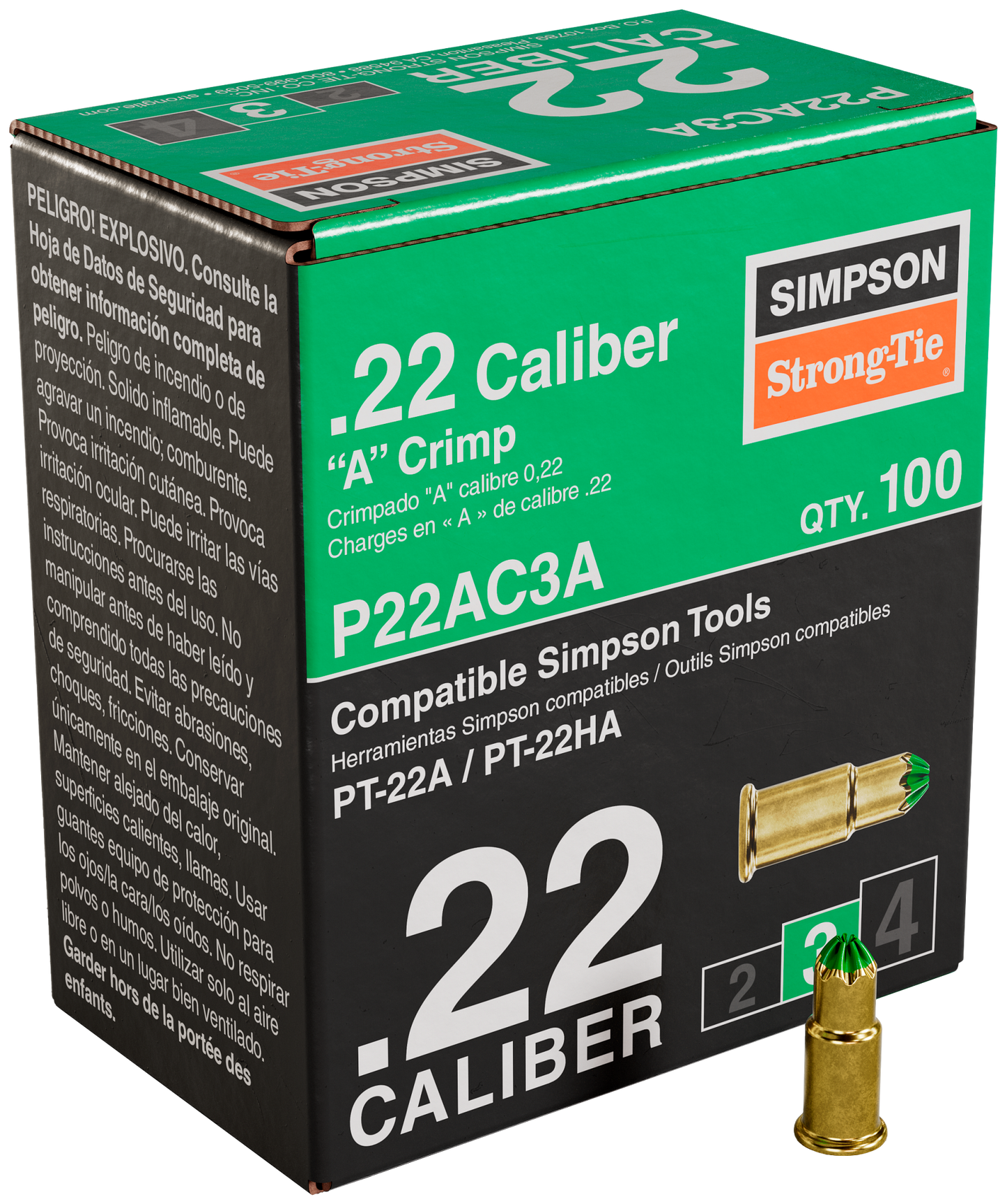 Simpson Strong-Tie P22AC3A P22AC 0.22-Caliber “A” Single-Shot Crimp Loads, LVL 3, Green - Imported (100-Qty) (Pack of 100)