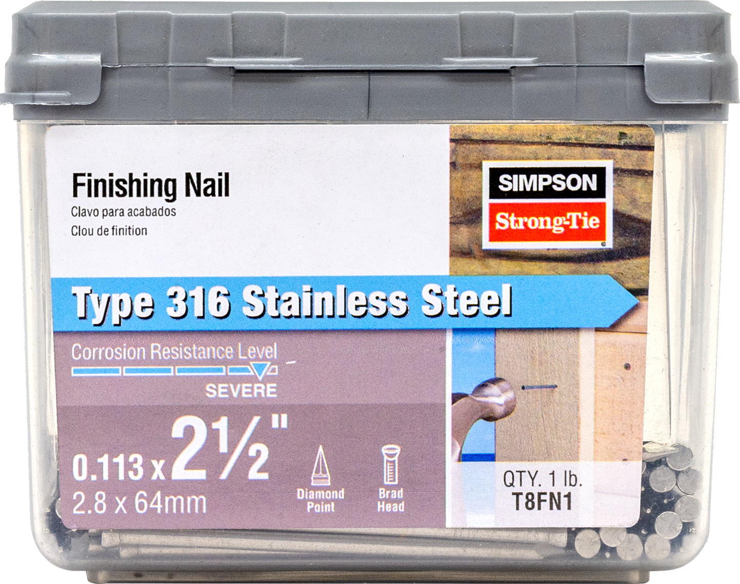Simpson Strong-Tie T8FN1 Finishing Nail — 2-1/2-in. x .113-in. Type 316 Stainless Steel (1 lb.) (Pack of 800)