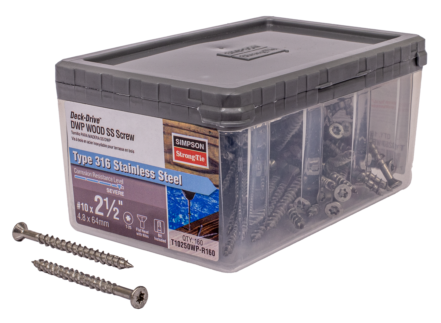 Simpson Strong-Tie T10250WP-R160 Deck-Drive™ DWP WOOD SS Screw — #10 x 2-1/2 in. T25, Flat Head, Type 316 (160-Qty) (Pack of 792)