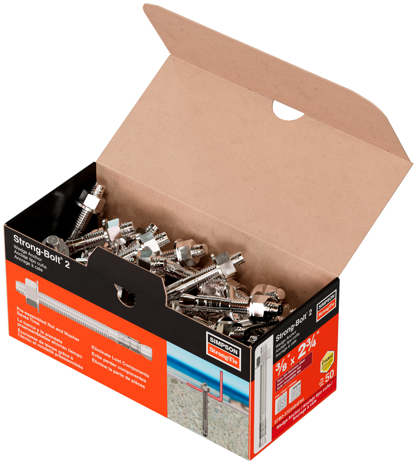 Simpson Strong-Tie STB2-37234S6F50 Strong-Bolt® 2 — 3/8 in. x 2-3/4 in. Type 316 Stainless-Steel Wedge Anchor, Fully Assembled (50-Qty)