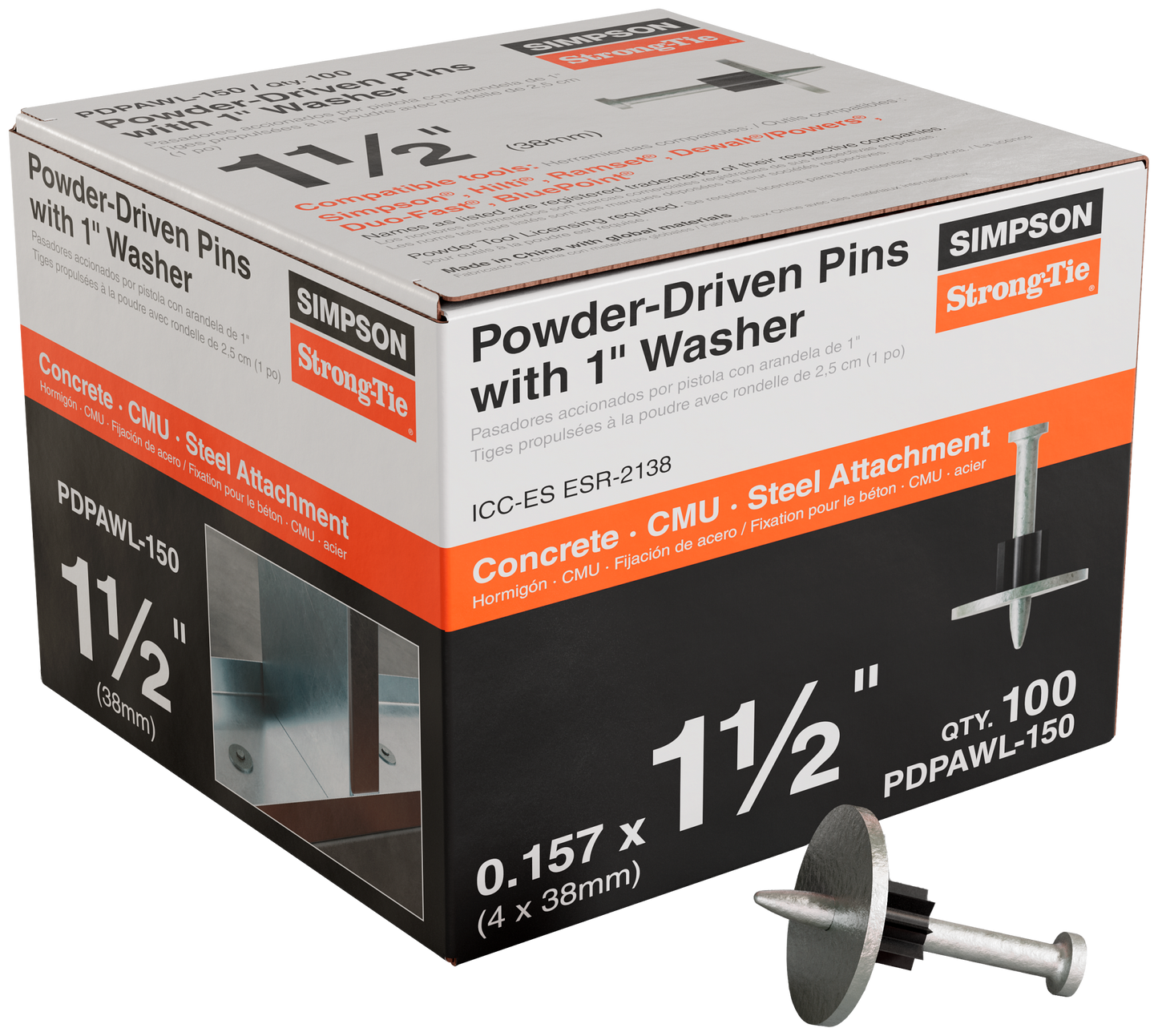 Simpson Strong-Tie PDPAWL-150 PDPAWL .157-in. x 1-1/2-in. Powder-Actuated Pin w/ 1-in. Washer (100-Qty)