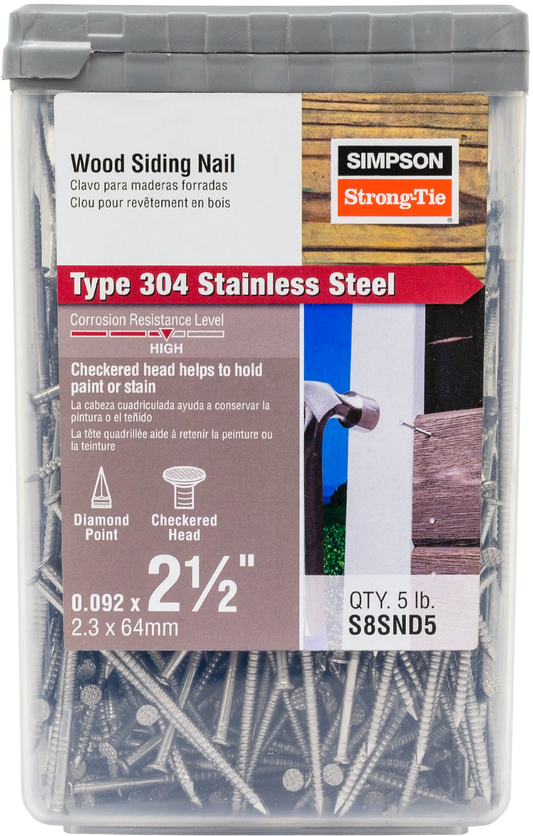 Simpson Strong-Tie S8SND5 Wood Siding Nail — 2-1/2-in. x .092-in. Type 304 Stainless Steel (5 lb.) (Pack of 6)