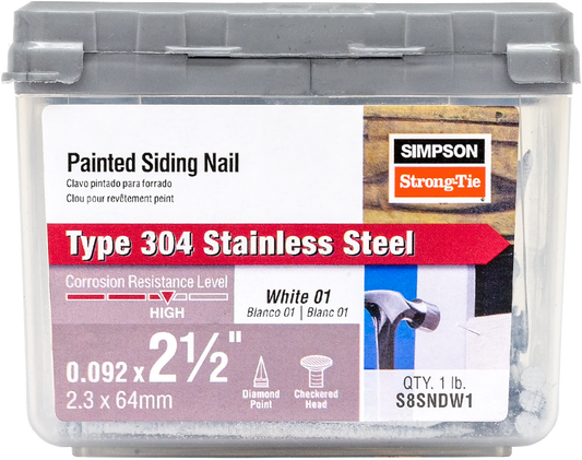 Simpson Strong-Tie S6SNDW1 Painted Siding Nail — 2 in. x .092 in. Type 304 Stainless Steel, White (1 lb.) (Pack of 800)