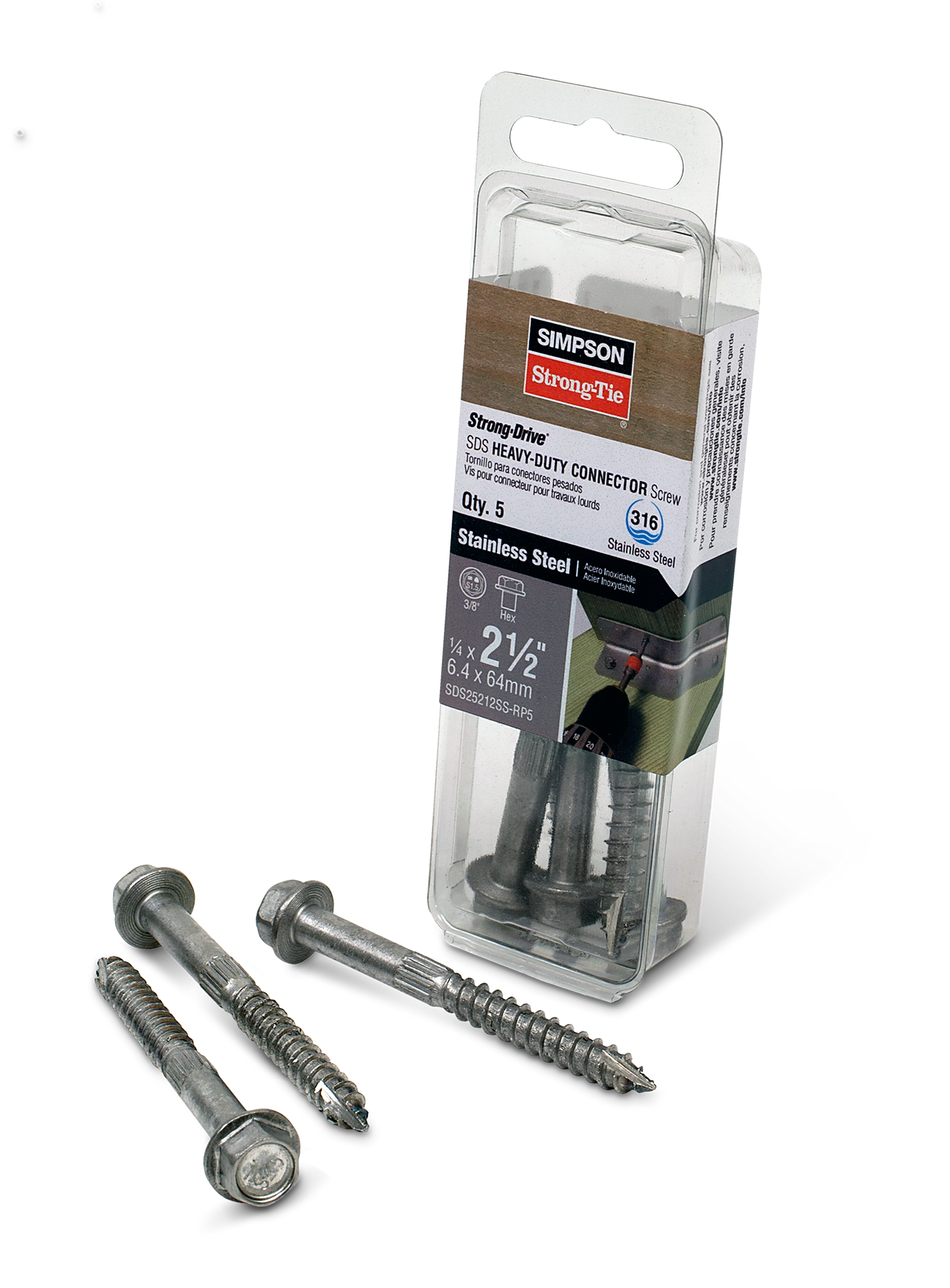 Simpson Strong-Tie SDS25212SS-RP5 Strong-Drive® SDS HEAVY-DUTY CONNECTOR Screw — 1/4 in. x 2-1/2 in. Type 316 (5-Qty) (Pack of 5)