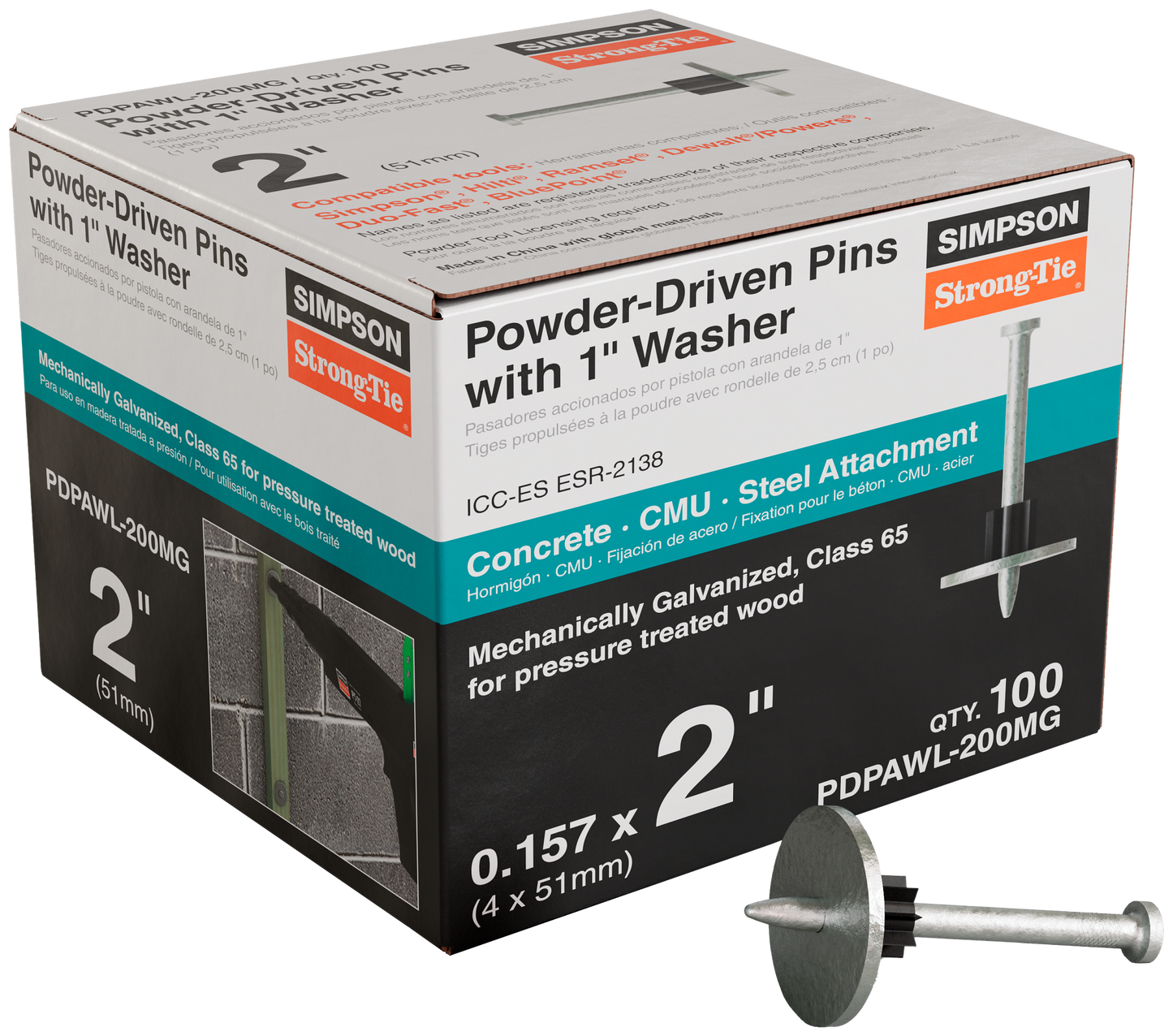 Simpson Strong-Tie PDPAWL-200MG PDPAWL .157 in. x 2 in. Mechanically Galvanized Powder-Actuated Pin w/ 1 in. Washer (100-Qty)