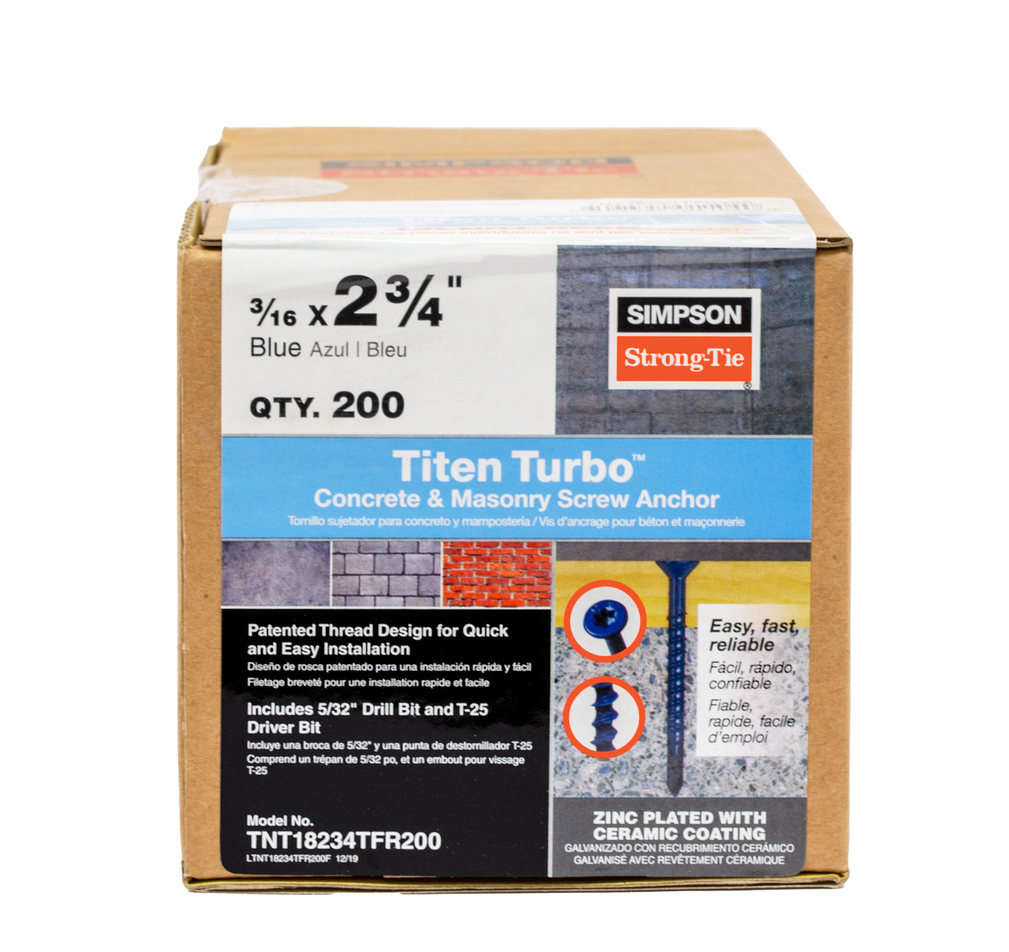 Simpson Strong-Tie TNT18234TFR200 Titen Turbo™ — 3/16 in. x 2-3/4 in. 6-Lobe Flat-Head Concrete and Masonry Screw, Blue (200-Qty) (Pack of 558)