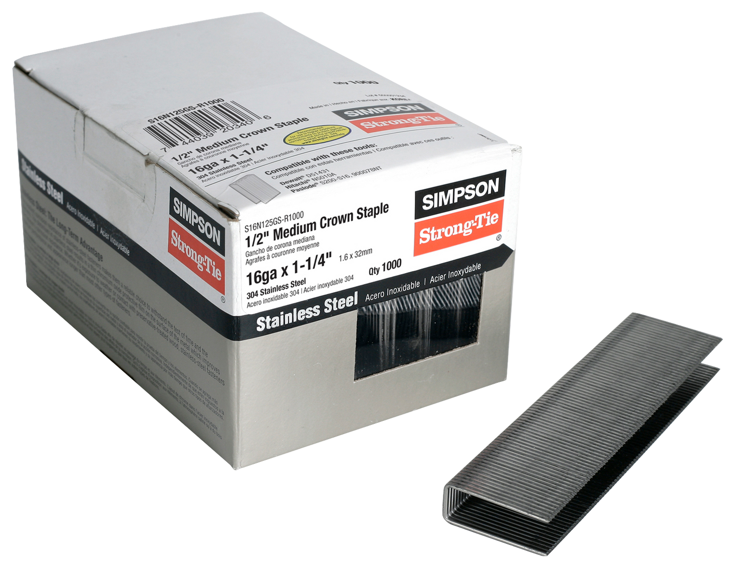 Simpson Strong-Tie S16N125GS-R1000 1/2-in. Crown, 16-Gauge Staples — 1-1/4 in. Type 304 Stainless Steel (1000-Qty) (Pack of 396)