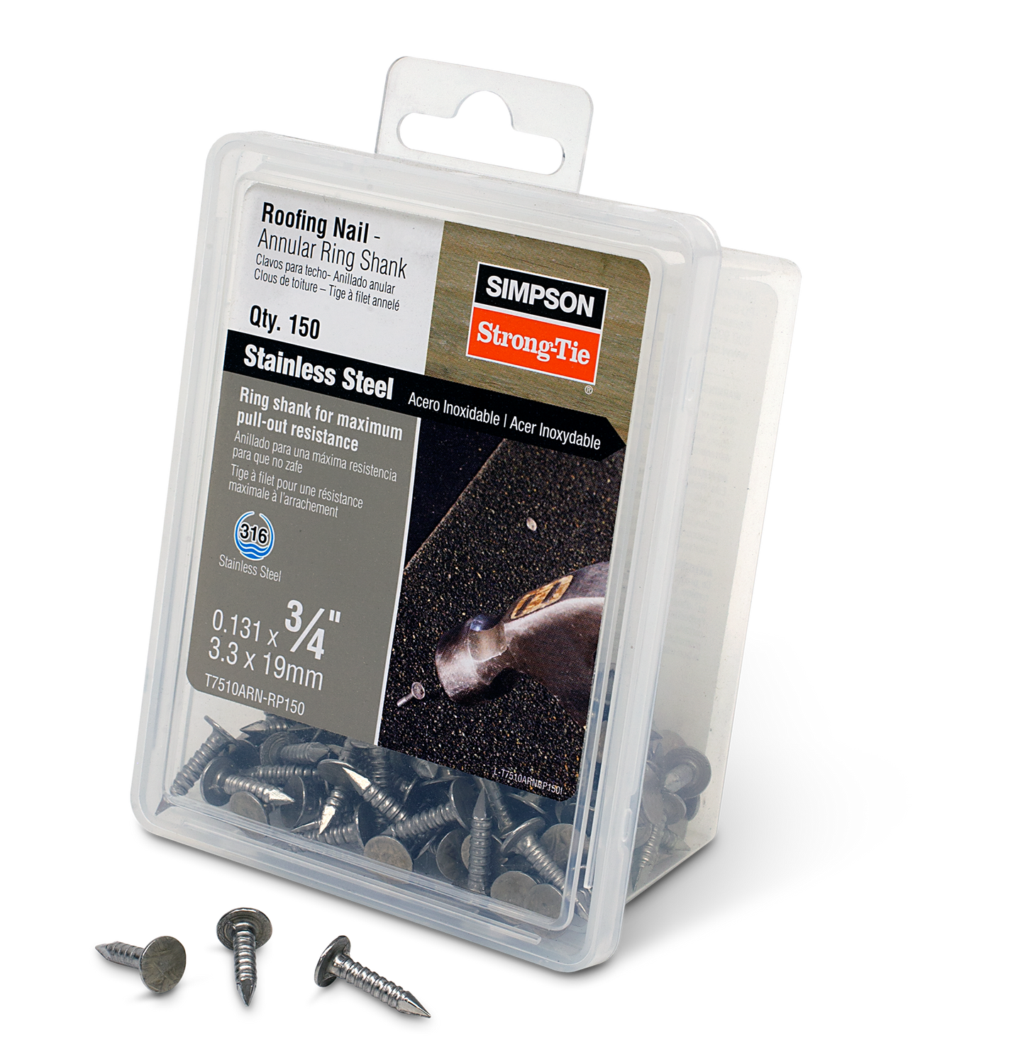 Simpson Strong-Tie T7510ARN-RP150 Roofing Nail, Annular Ring Shank — 3/4-in. x .131-in. Type 316 Stainless Steel (150-Qty)