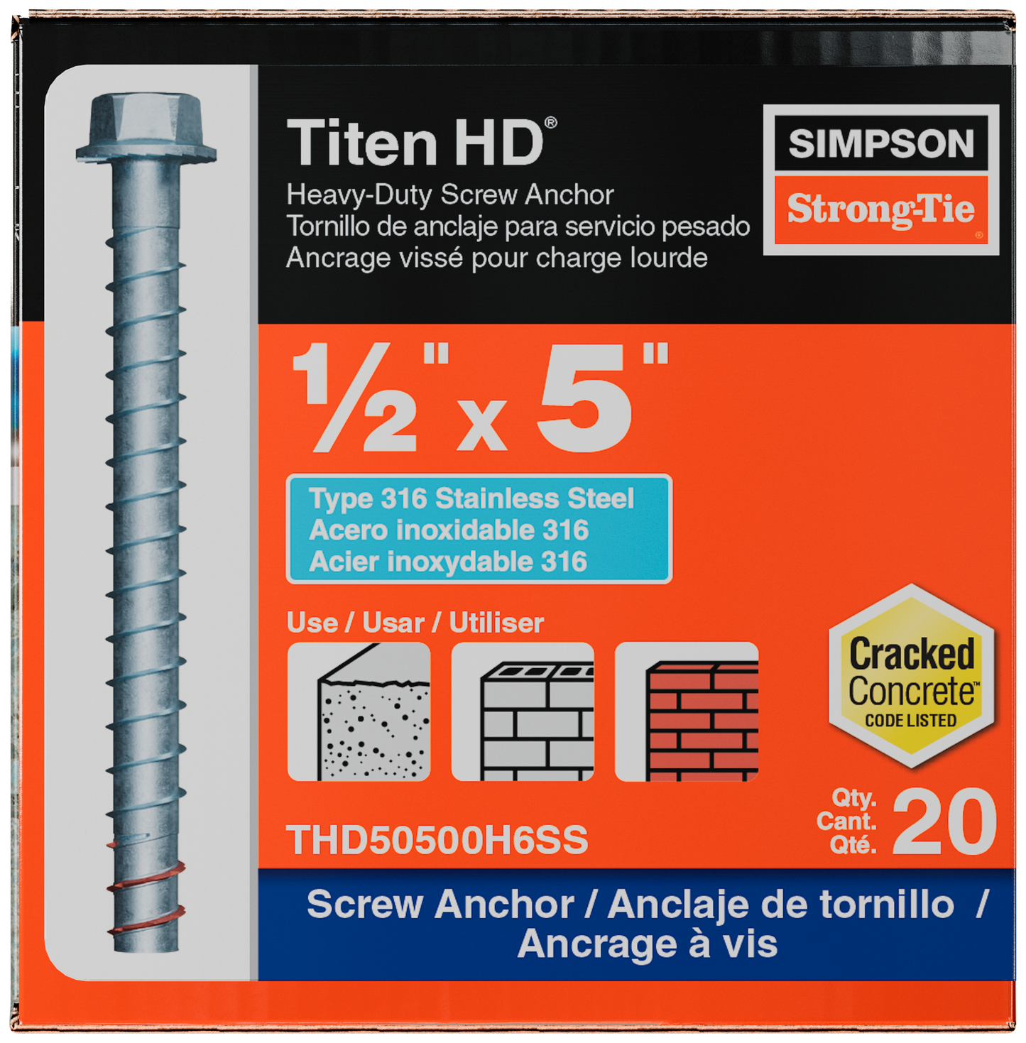 Simpson Strong-Tie THD50500H6SS Titen HD® 1/2 in. x 5 in. Type 316 Stainless Steel Heavy-Duty Screw Anchor (20-Qty) (Pack of 240)