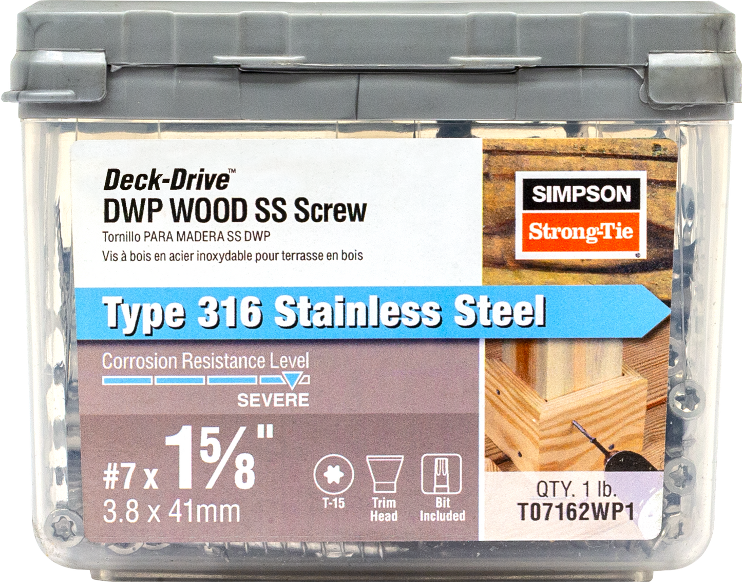Simpson Strong-Tie T07162WP1 Deck-Drive™ DWP WOOD SS Screw — #7 x 1-5/8 in. T-15, Trim Head, Type 316 (1 lb.) (Pack of 10)