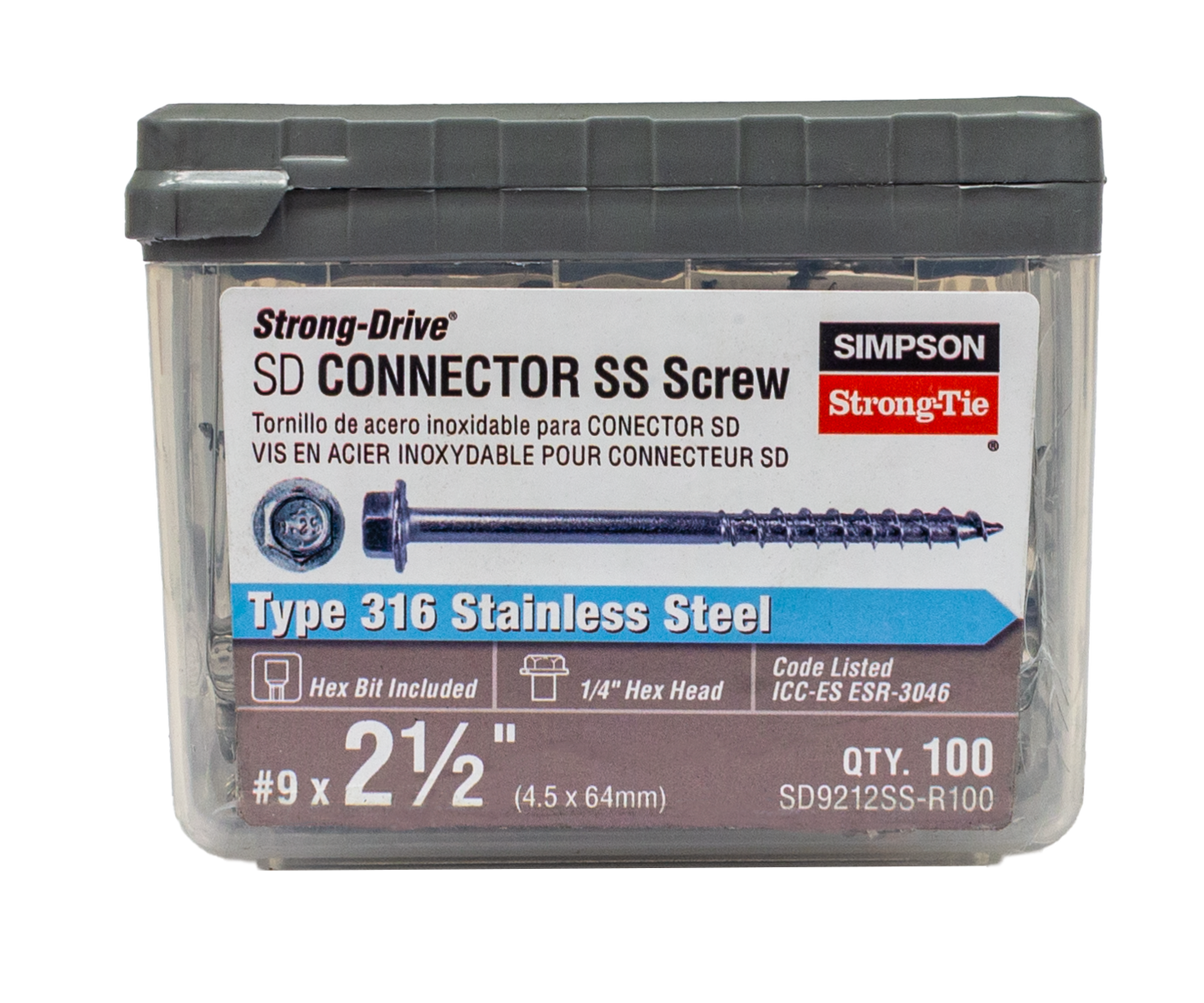 Simpson Strong-Tie SD9212SS-R100 Strong-Drive® SD CONNECTOR SS Screw — #9 x 2-1/2 in. 1/4-Hex Drive, Type 316 (100-Qty) (Pack of 6)