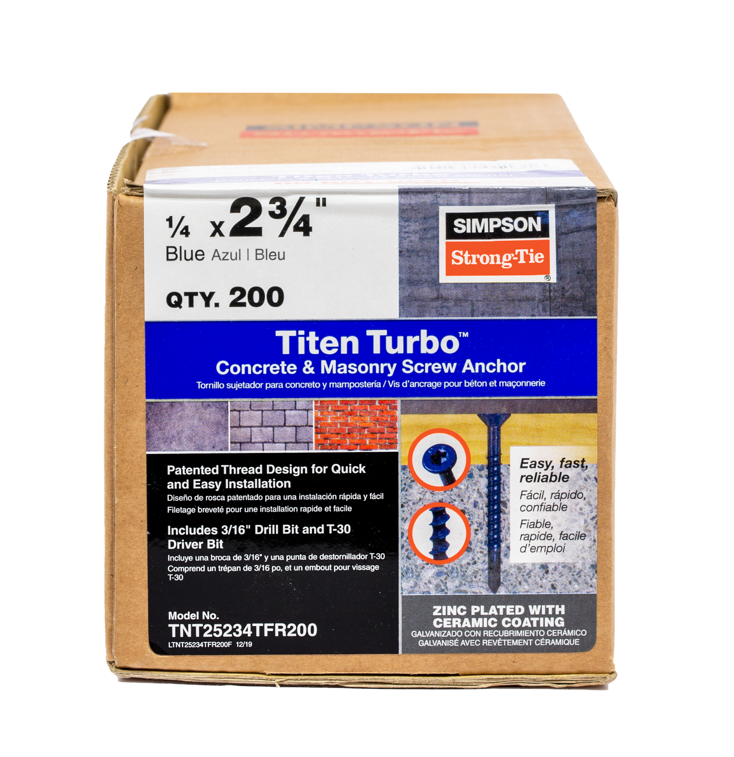 Simpson Strong-Tie TNT25234TF Titen Turbo™ — 1/4 in. x 2-3/4 in. 6-Lobe Flat-Head Concrete and Masonry Screw, Blue (100-Qty)