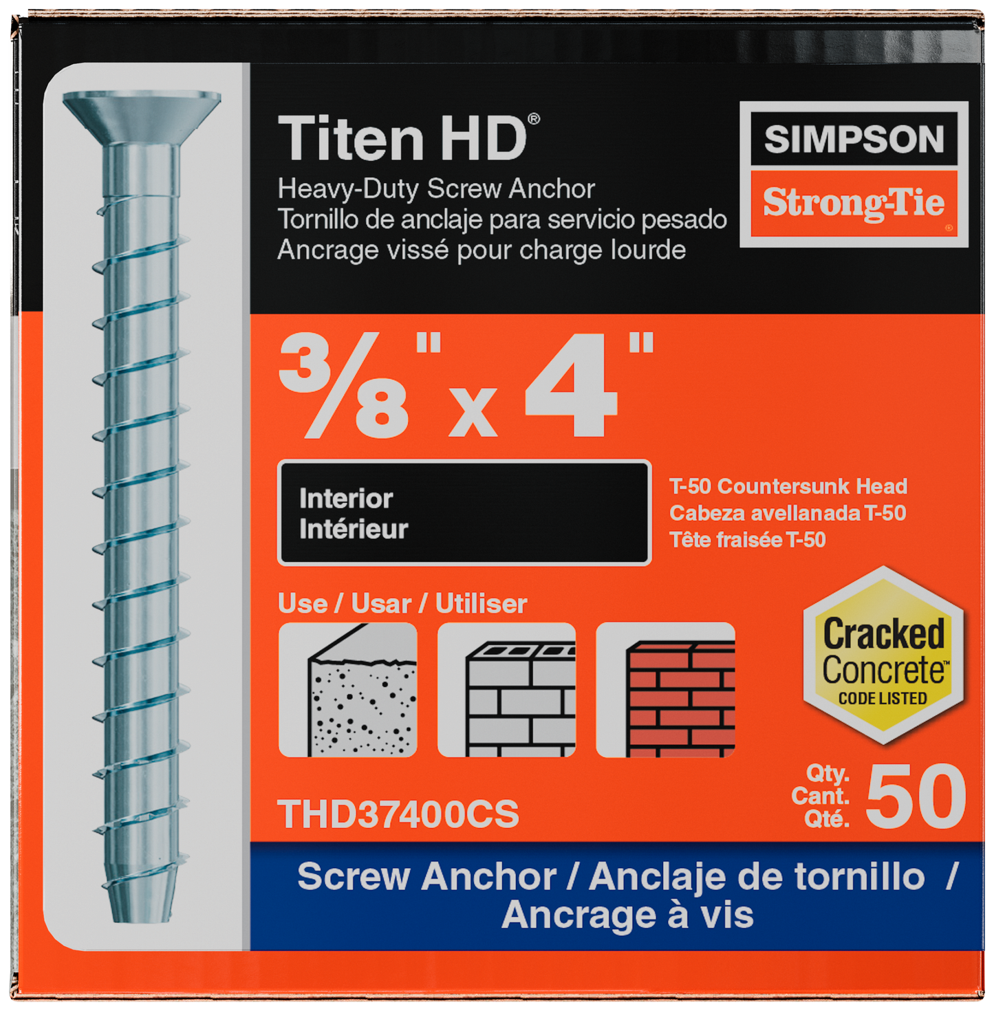 Simpson Strong-Tie THD37400CS Titen HD® 3/8 in. x 4 in. Zinc-Plated Countersunk Head Heavy-Duty Screw Anchor (50-Qty)