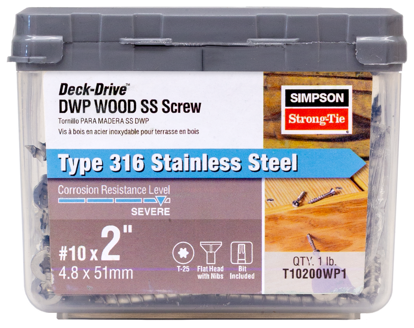 Simpson Strong-Tie T10200WP1 Deck-Drive™ DWP WOOD SS Screw — #10 x 2 in. T-25, Flat Head, Type 316 (1 lb.) (Pack of 10)