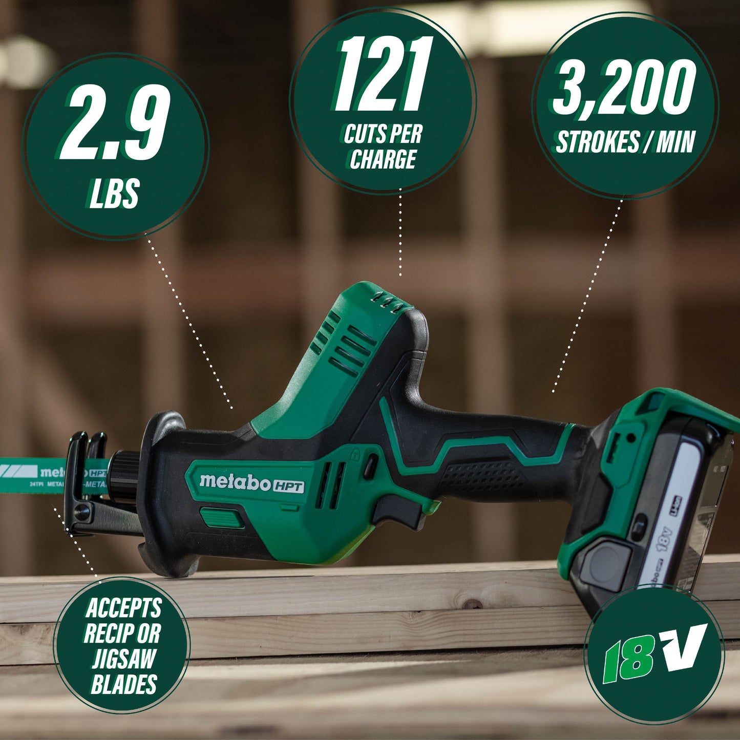 Sierra alternativa de una mano Metabo HPT CR18DAQ4M de 18 V