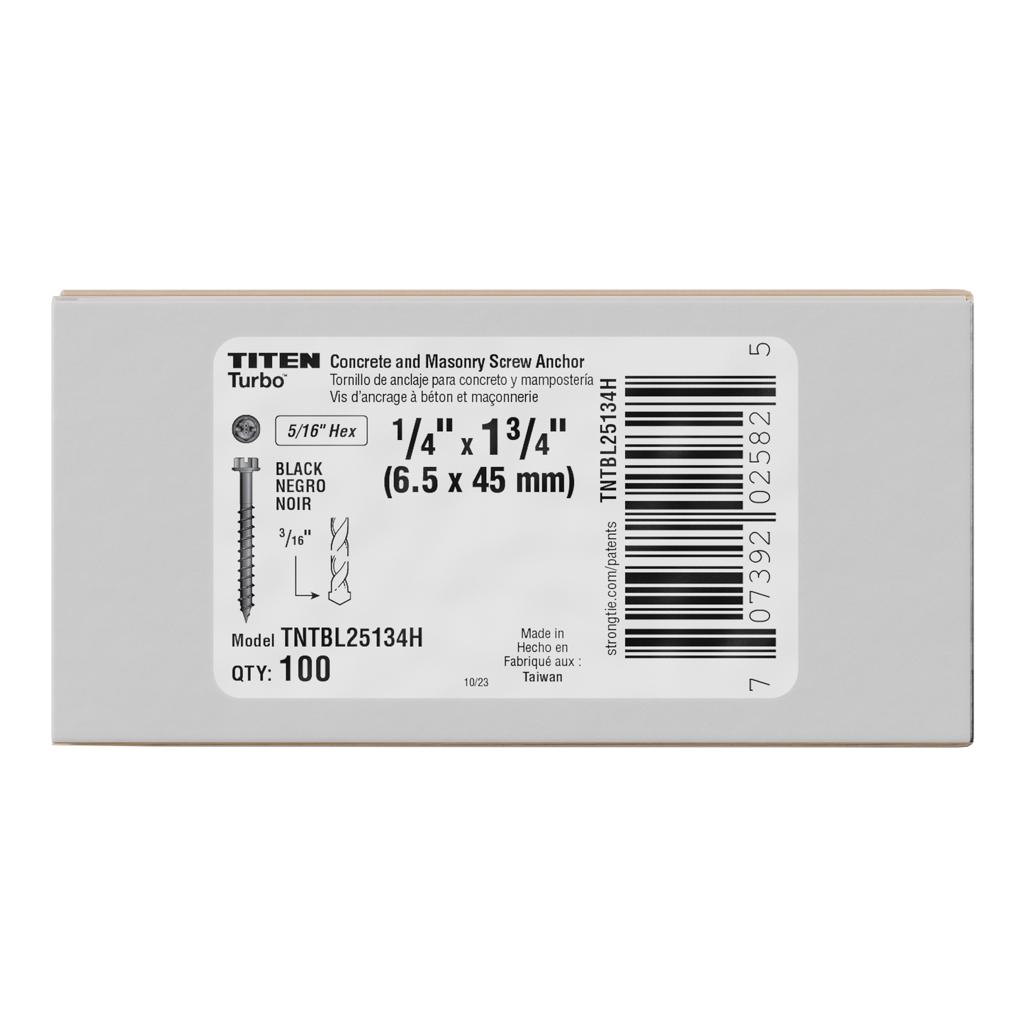 Simpson Strong-Tie TNTBL25314H Titen Turbo™ — 1/4 in. x 3-1/4 in. Hex-Head Concrete and Masonry Screw, Black (100-Qty) (Pack of 4)
