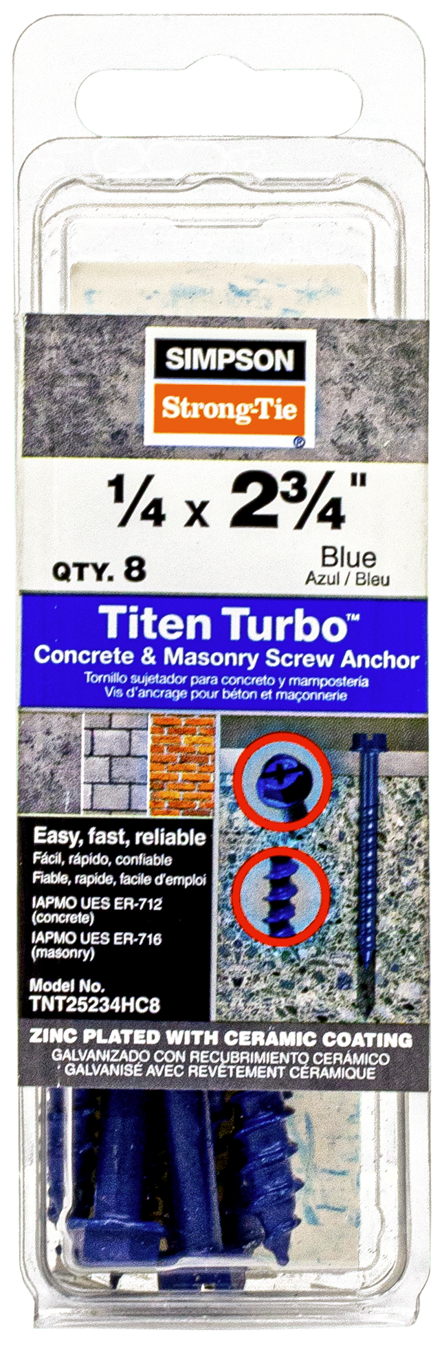 Simpson Strong-Tie TNT25234HC8 Titen Turbo™ — 1/4 in. x 2-3/4 in. Hex-Head Concrete and Masonry Screw, Blue (8-Qty) (Pack of 5520)