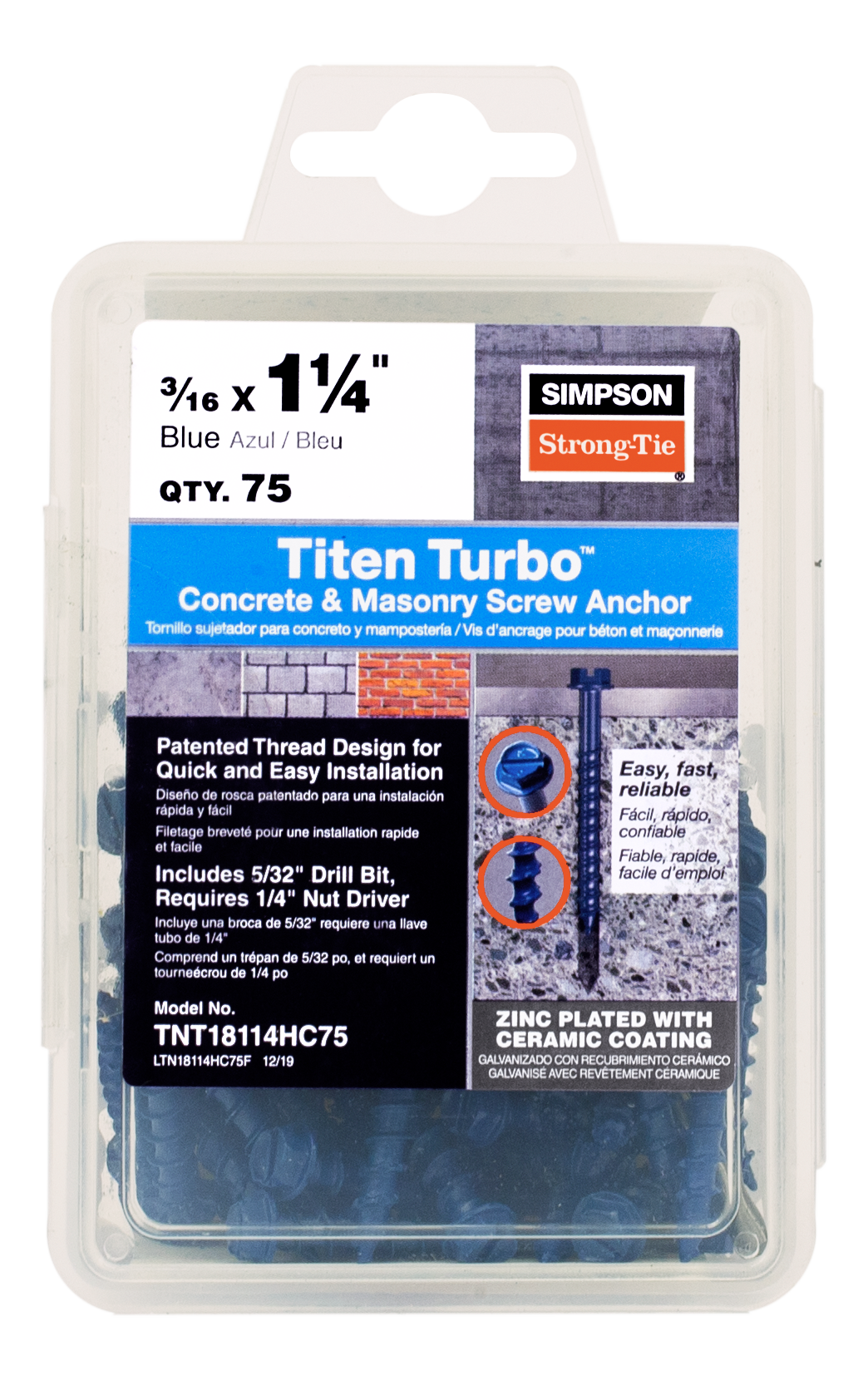 Simpson Strong-Tie TNT18114HC75 Titen Turbo™ — 3/16 in. x 1-1/4 in. Hex-Head Concrete and Masonry Screw, Blue (75-Qty) (Pack of 1440)