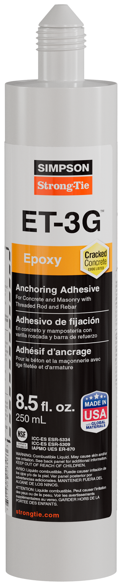 Simpson Strong-Tie ET3G10 ET-3G™ 8.5 oz. Epoxy Adhesive Cartridge w/ Nozzle and Extension (Pack of 900)